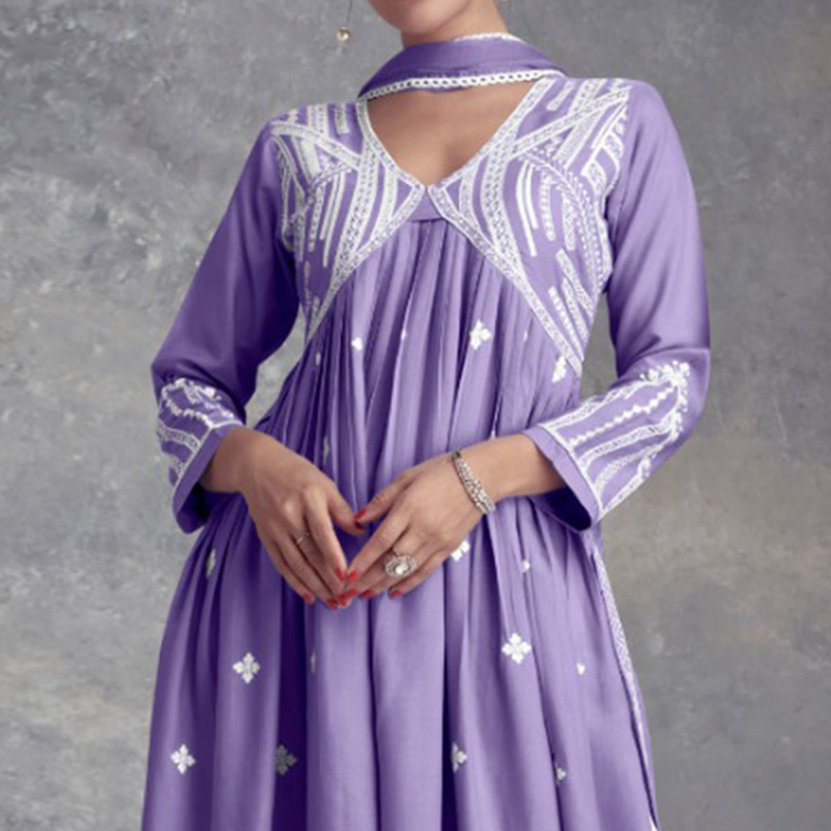 Light Purple Lucknowi Embroidered Rayon Naira Cut Suit