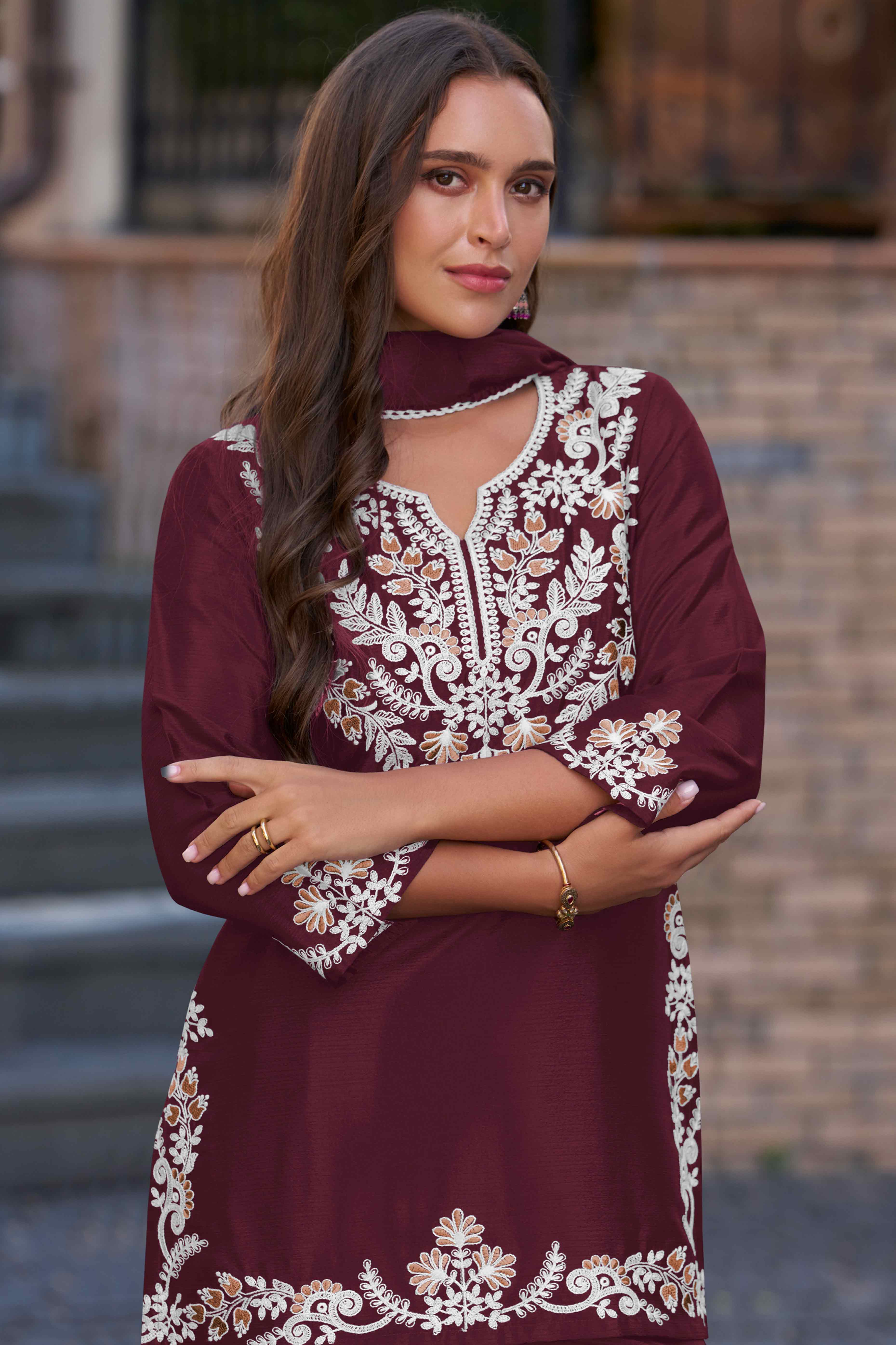 Elegant Maroon Chinon Sharara Suit with Intricate Floral Embroidery