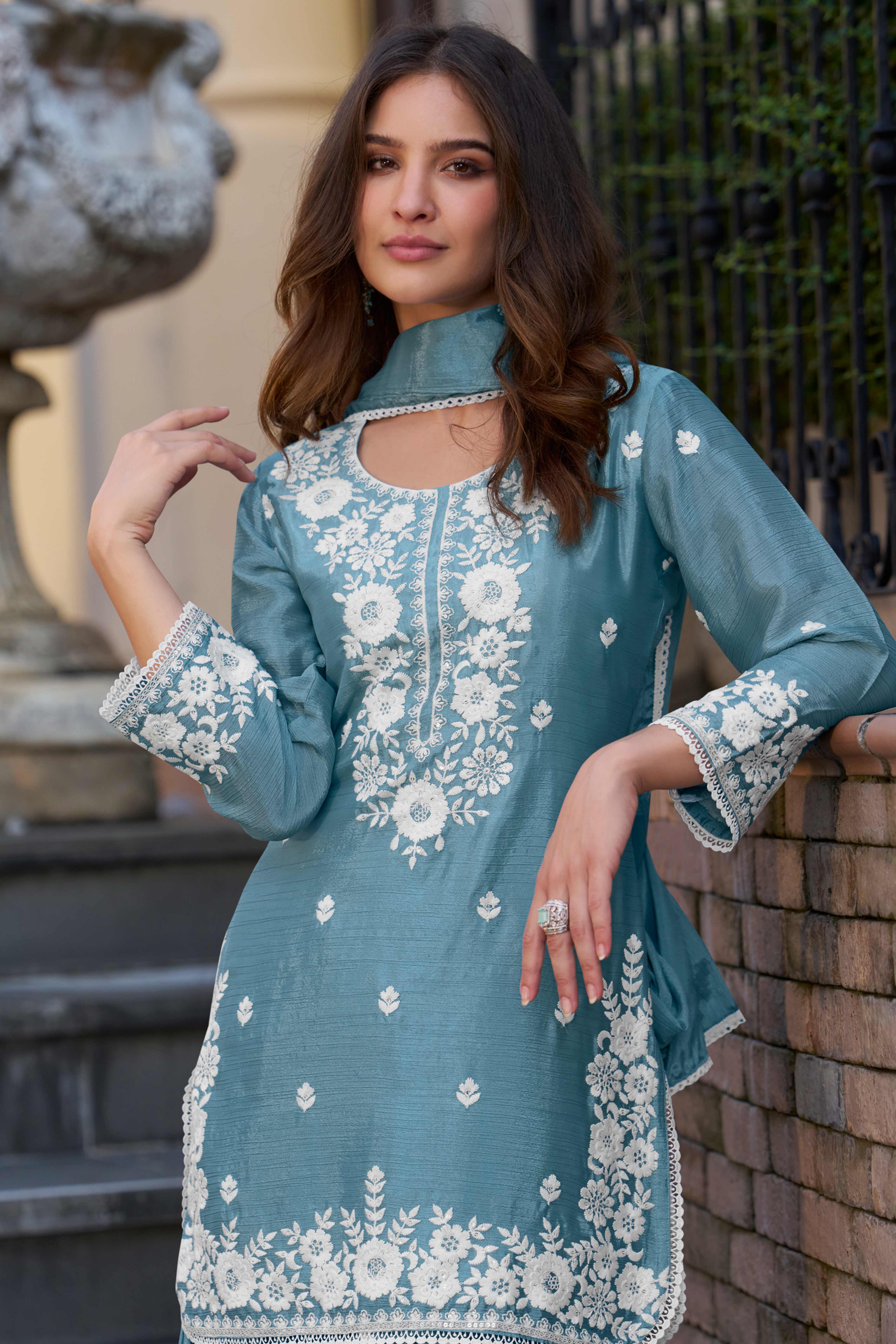 Sky Blue Floral Luxe Embroidered Chinon Sharara Suit
