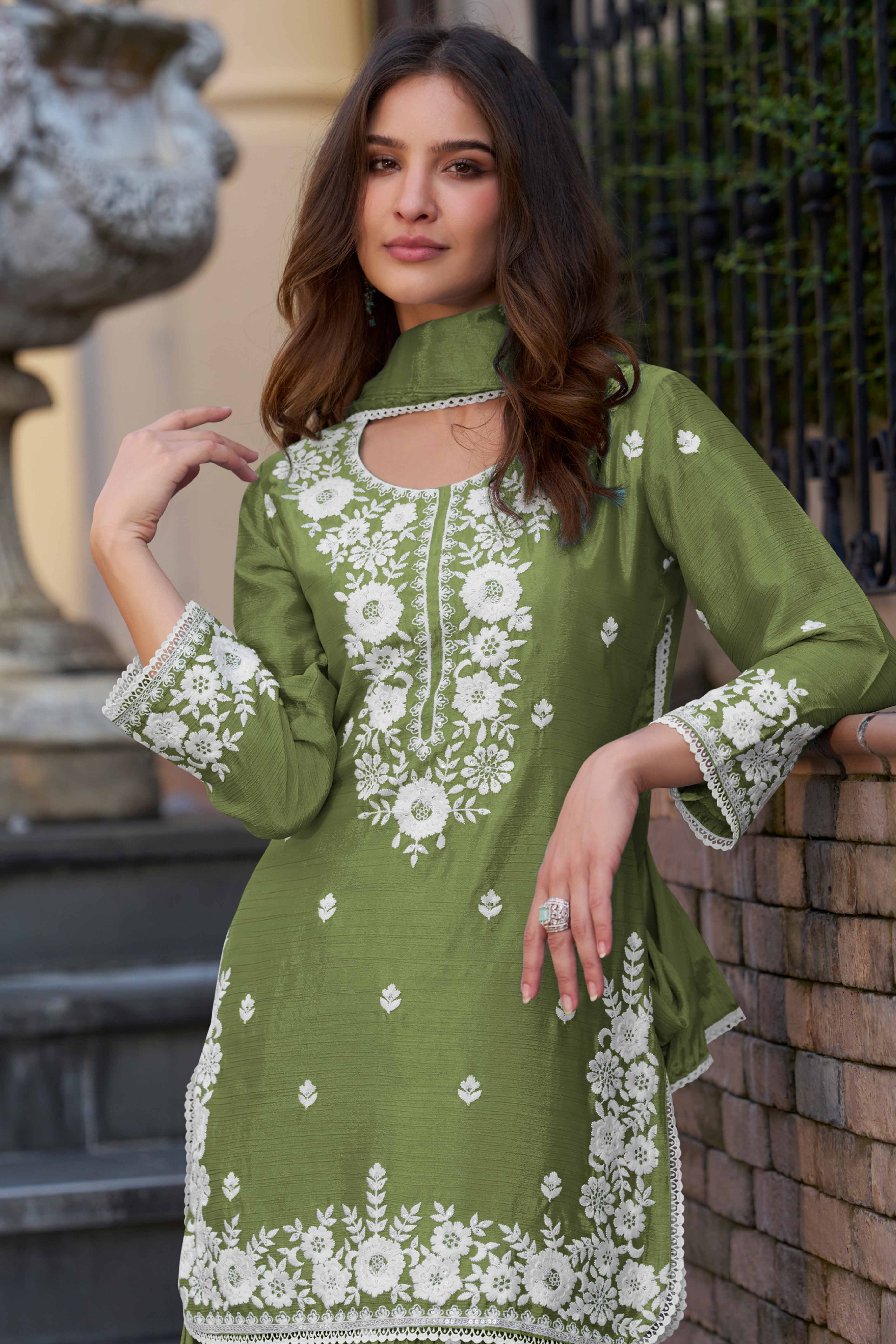Green Floral Luxe Embroidered Chinon Sharara Suit