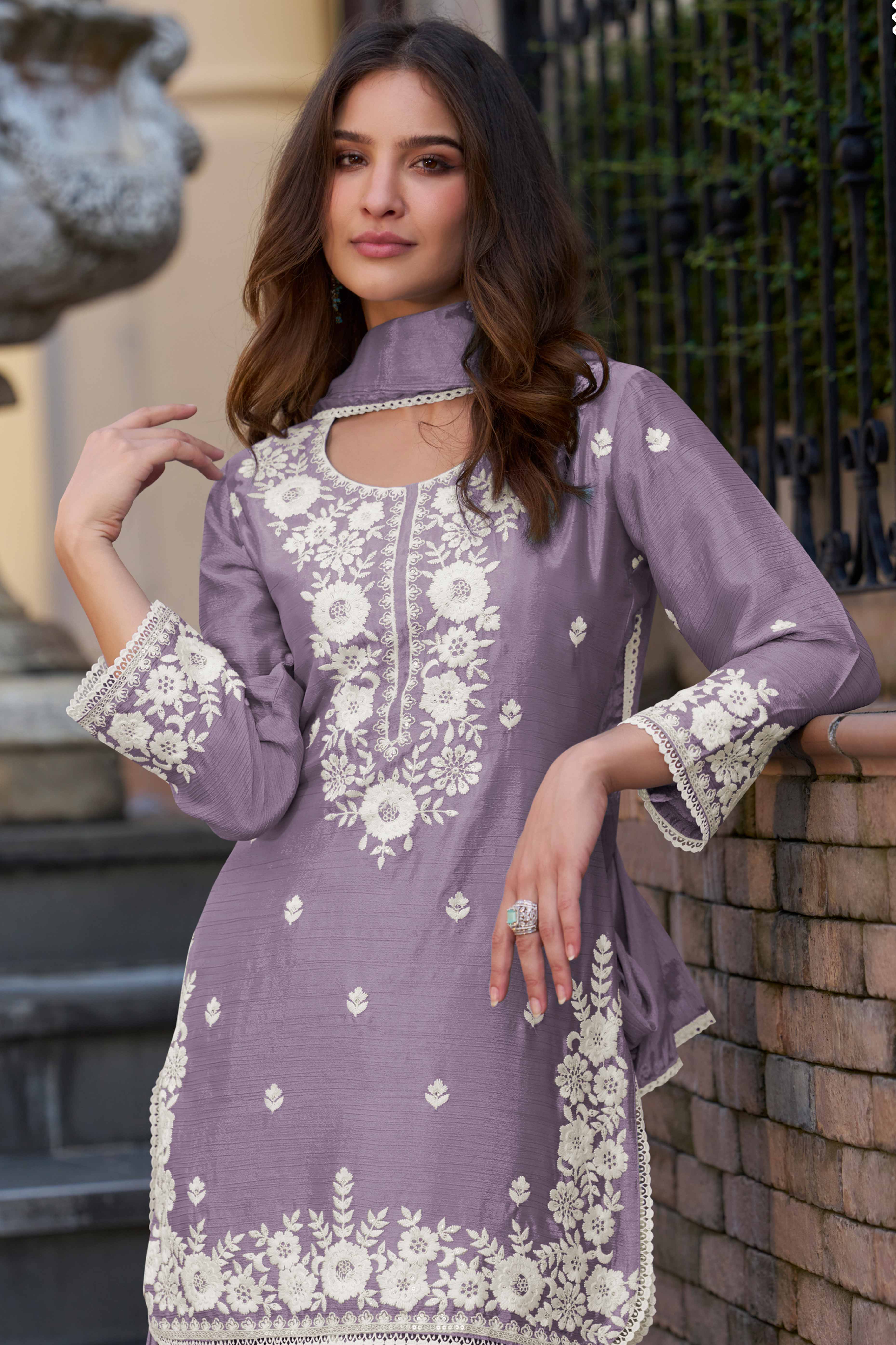 Lavender Chinon Sharara Outfit Featuring Heavy Floral Threadwork
