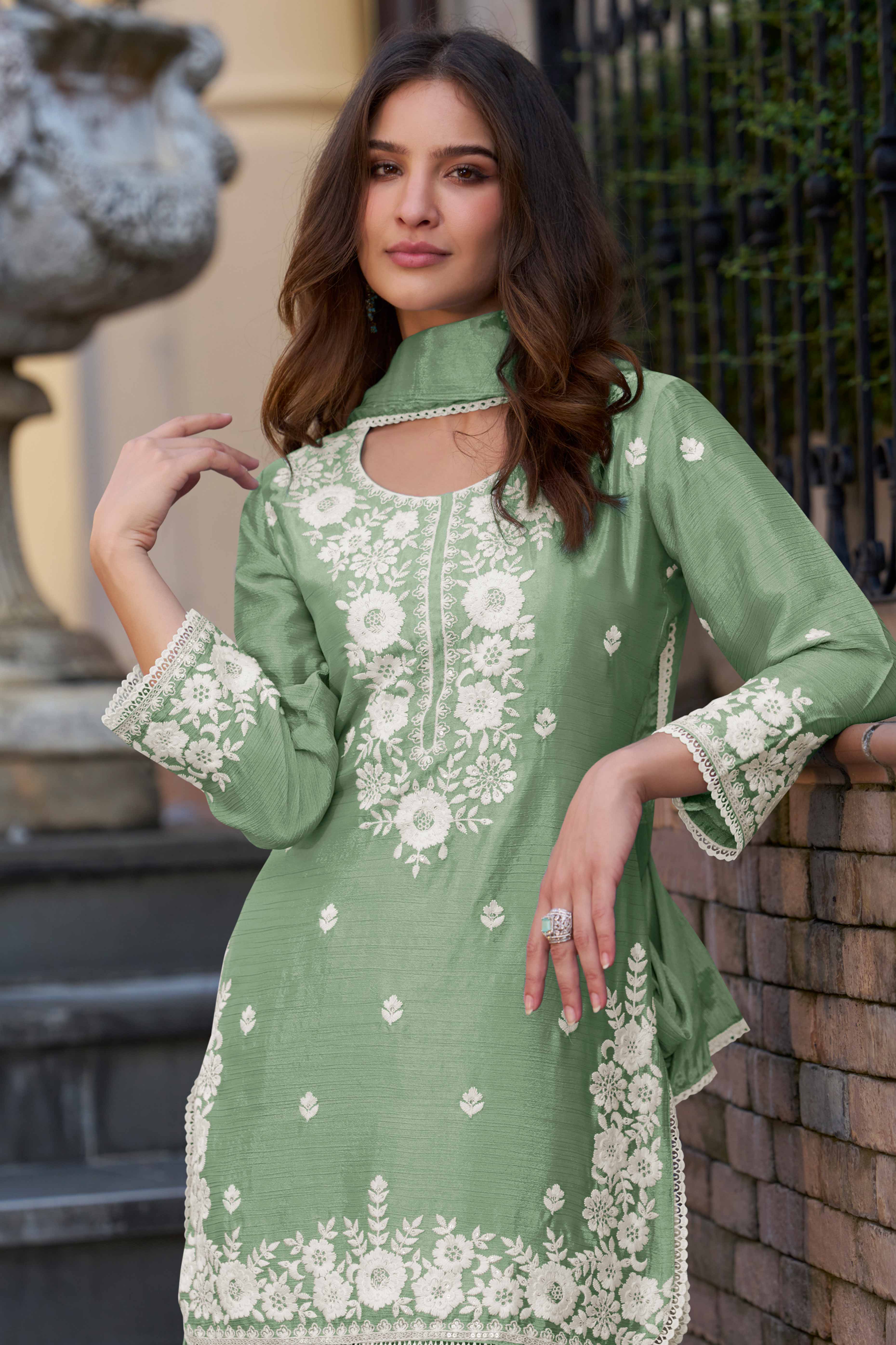 Pista Green Chinon Sharara Outfit Featuring Heavy Floral Threadwork