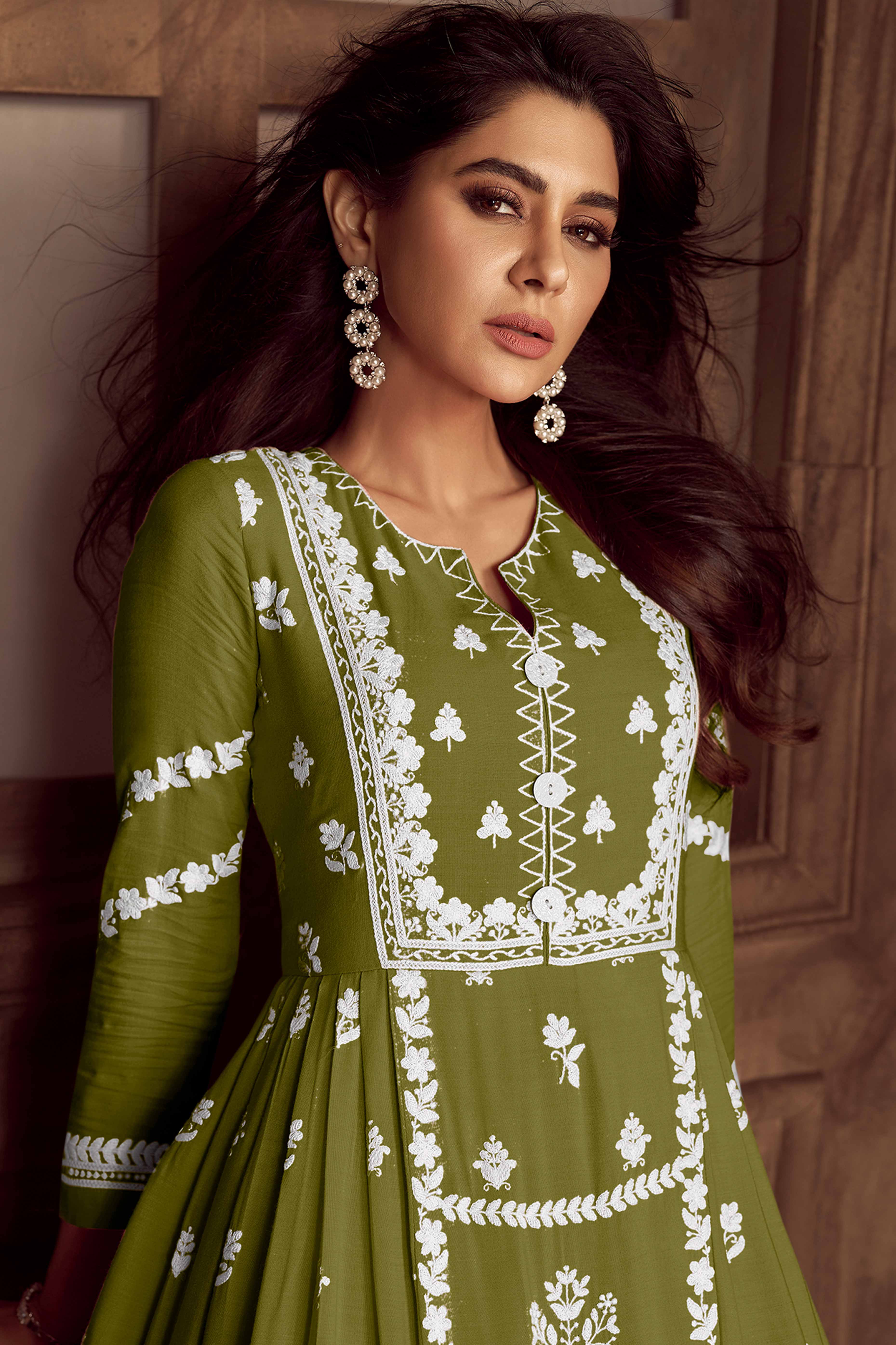 Elegant Green Lucknowi Embroidered Rayon Suit with Palazzo