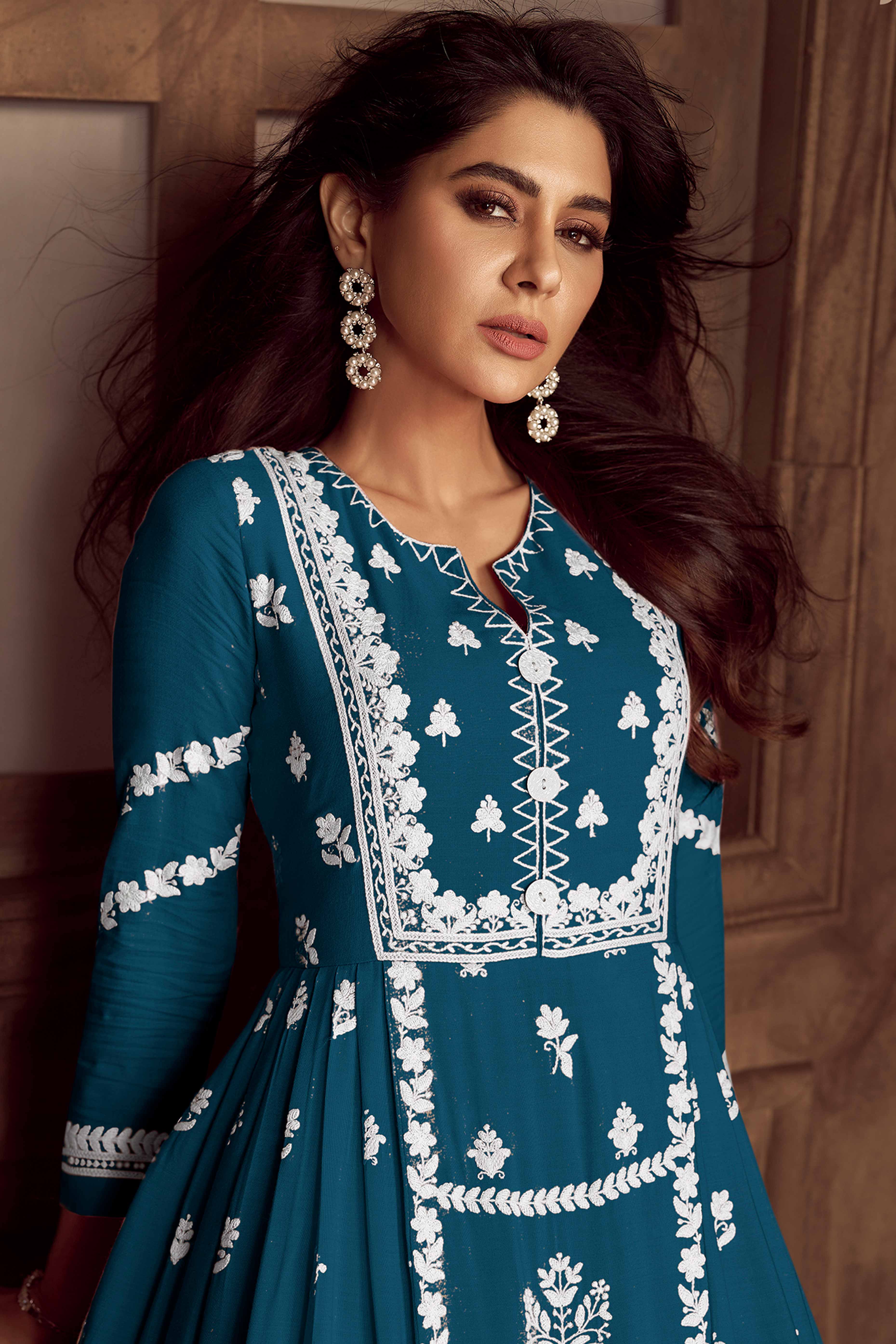 Elegant Teal Lucknowi Embroidered Rayon Suit with Palazzo