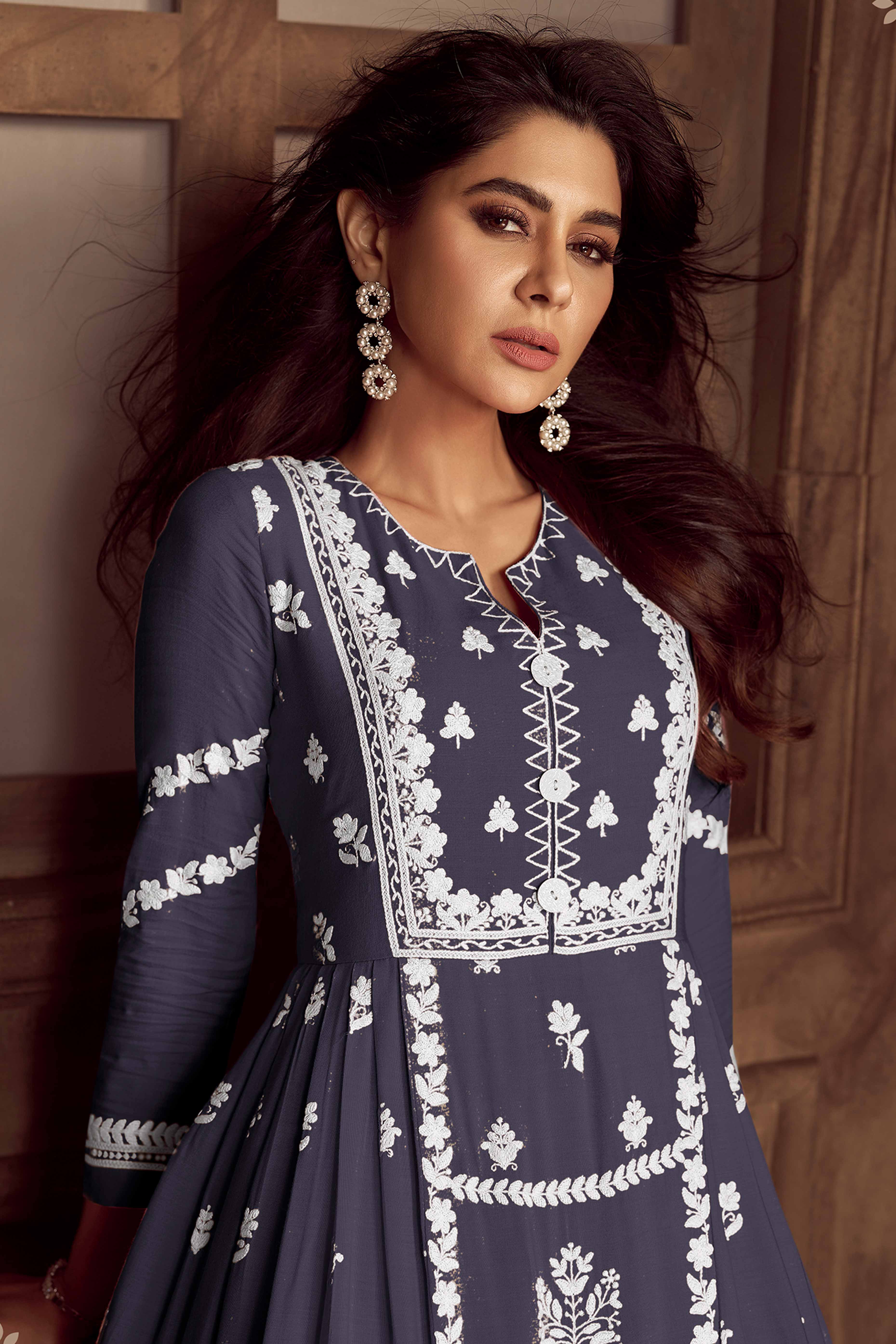 Elegant Grey Lucknowi Embroidered Rayon Suit with Palazzo