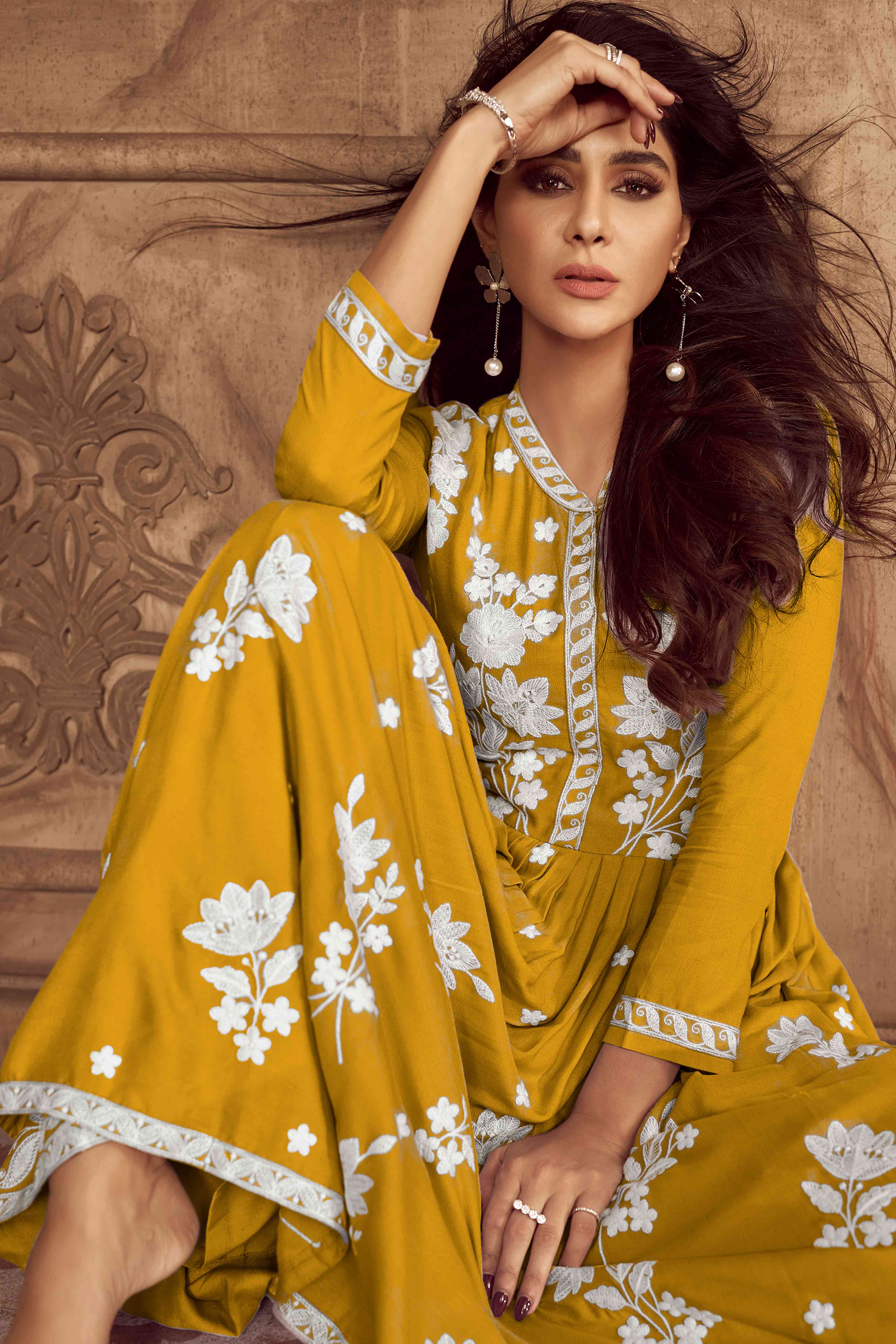 Mustard Lucknowi Embroidered Rayon Palazzo Suit