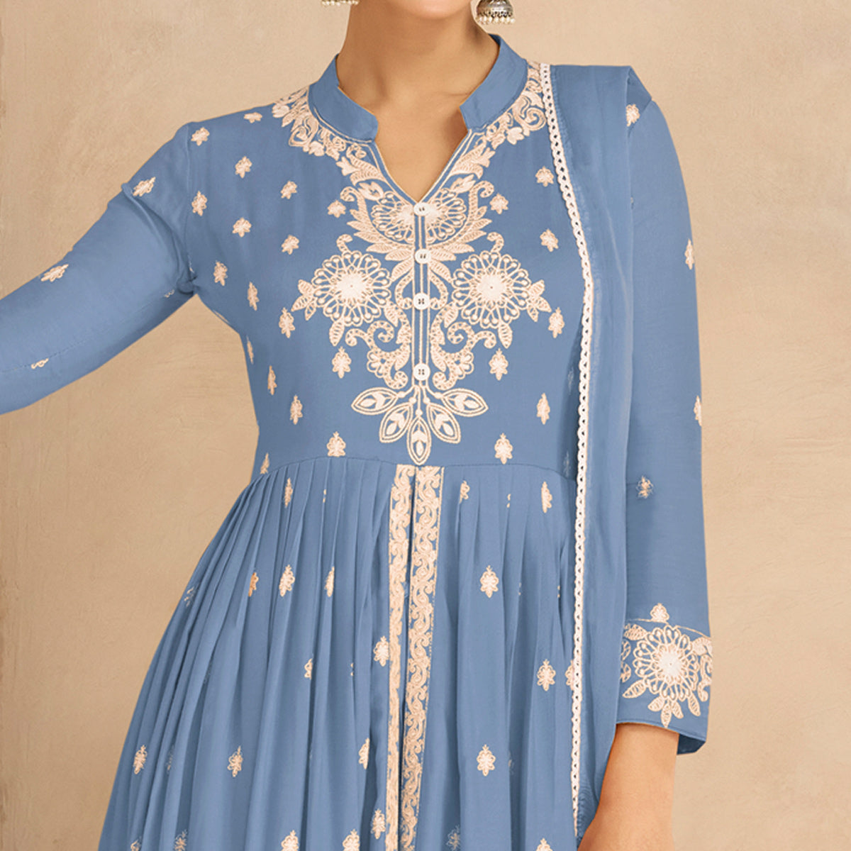 Blue Floral Embroidered Rayon Palazzo Suit