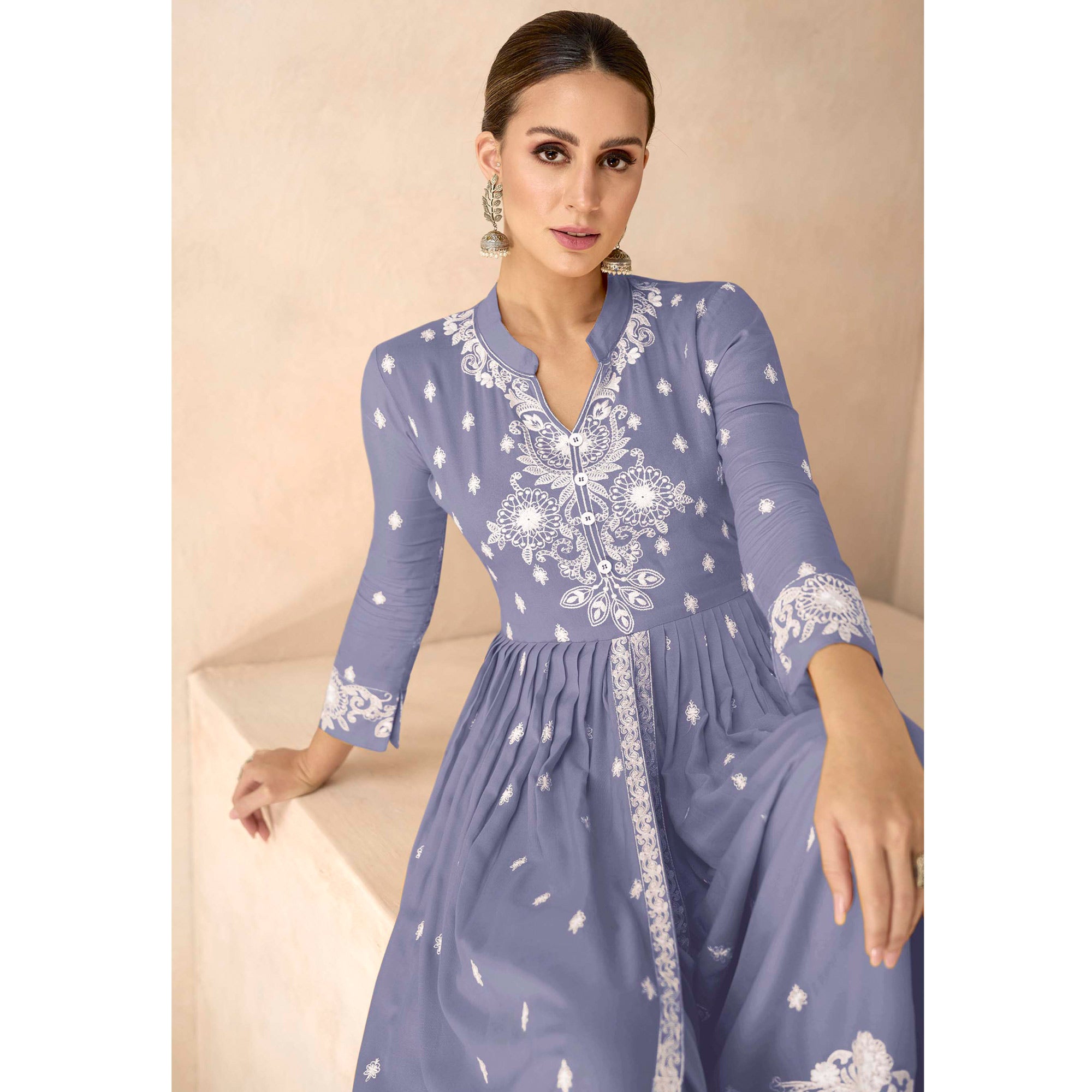Greyish Blue Floral Embroidered Rayon Palazzo Suit