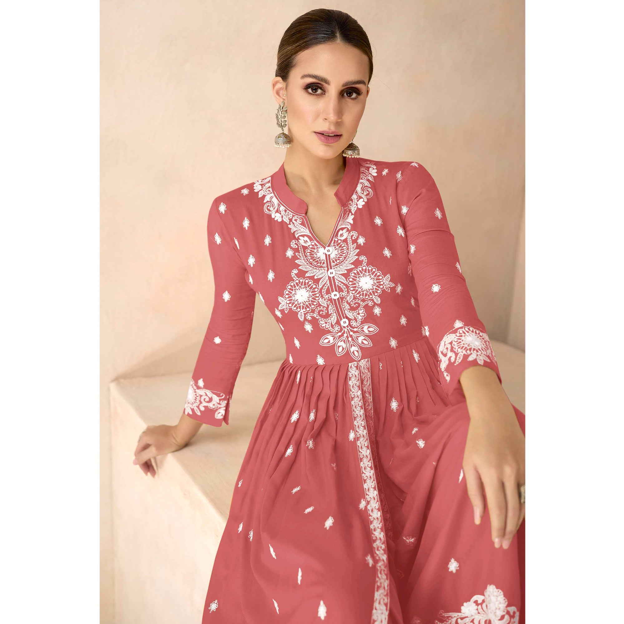 Peach Floral Embroidered Rayon Palazzo Suit