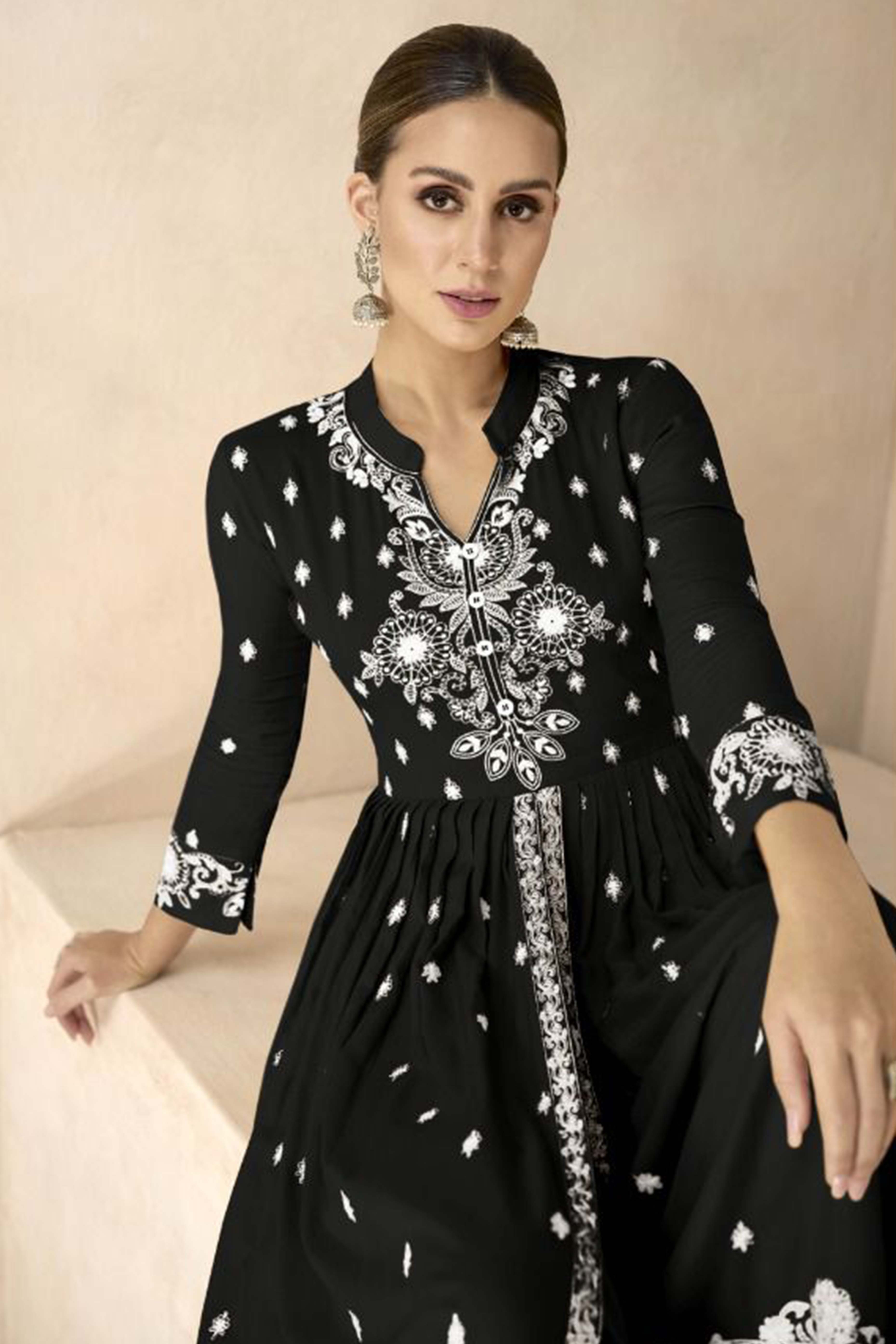 Black Floral Embroidered Rayon Palazzo Suit