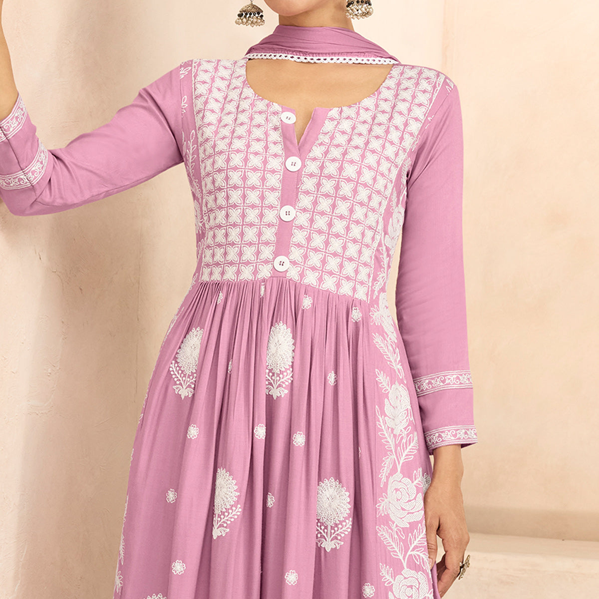 Pink Floral Embroidered Rayon Palazzo Suit