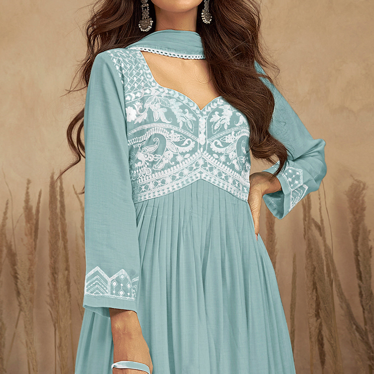 Blue Floral Embroidered Rayon Suit