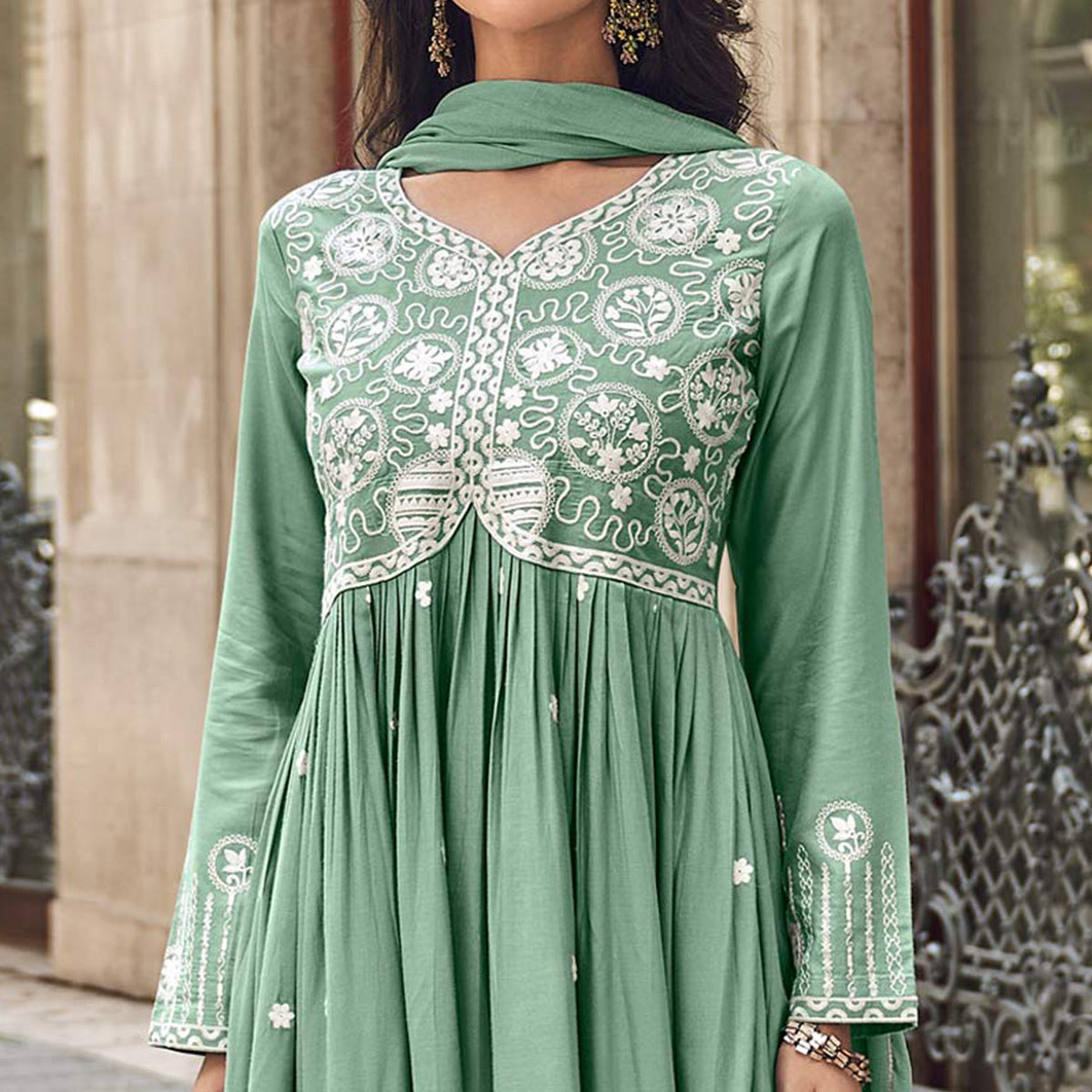 Dusty Green Lucknowi Embroidered Rayon Palazzo Suit
