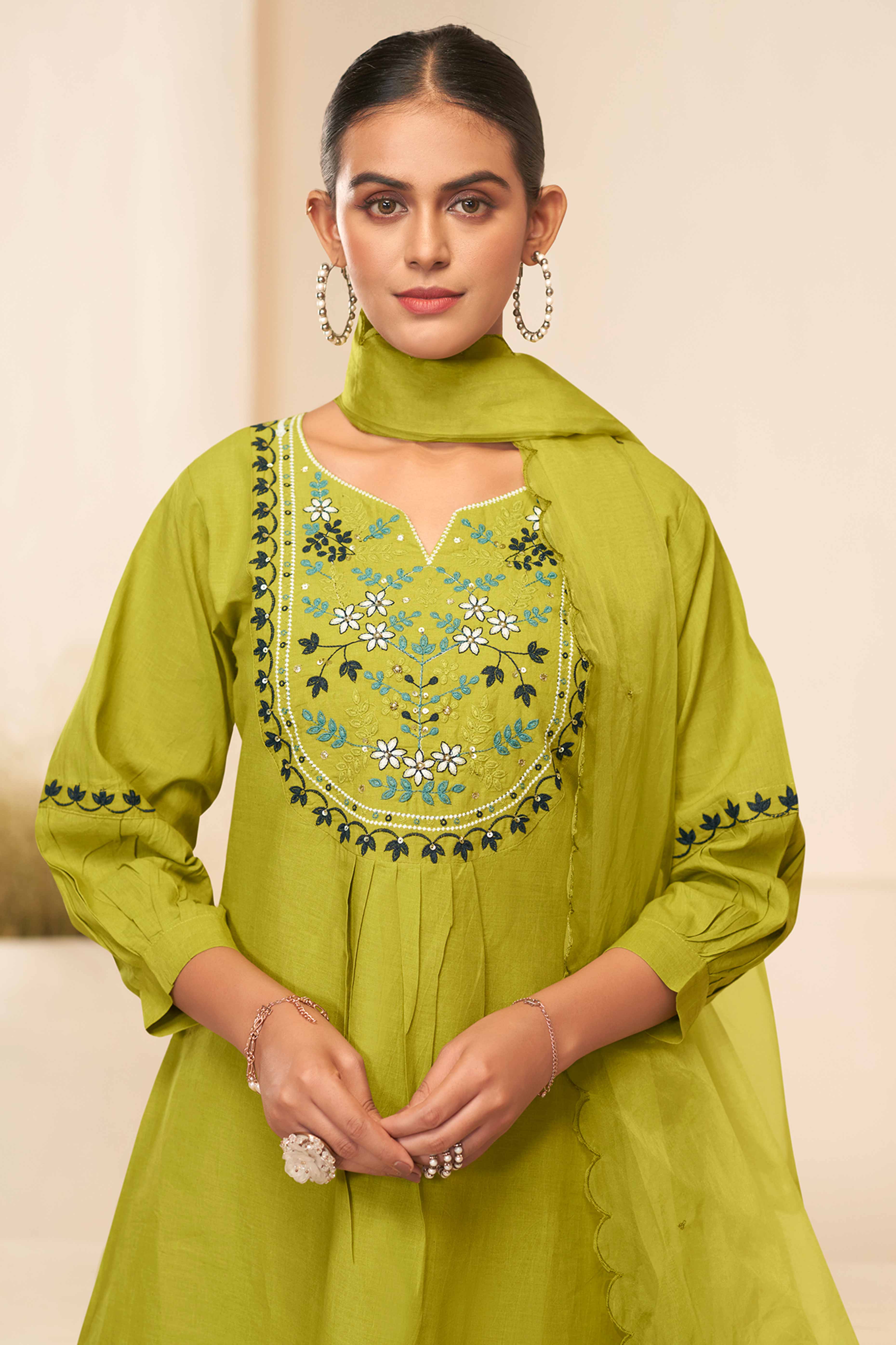 Green Cambric Cotton Suit with Delicate Floral Embroidery
