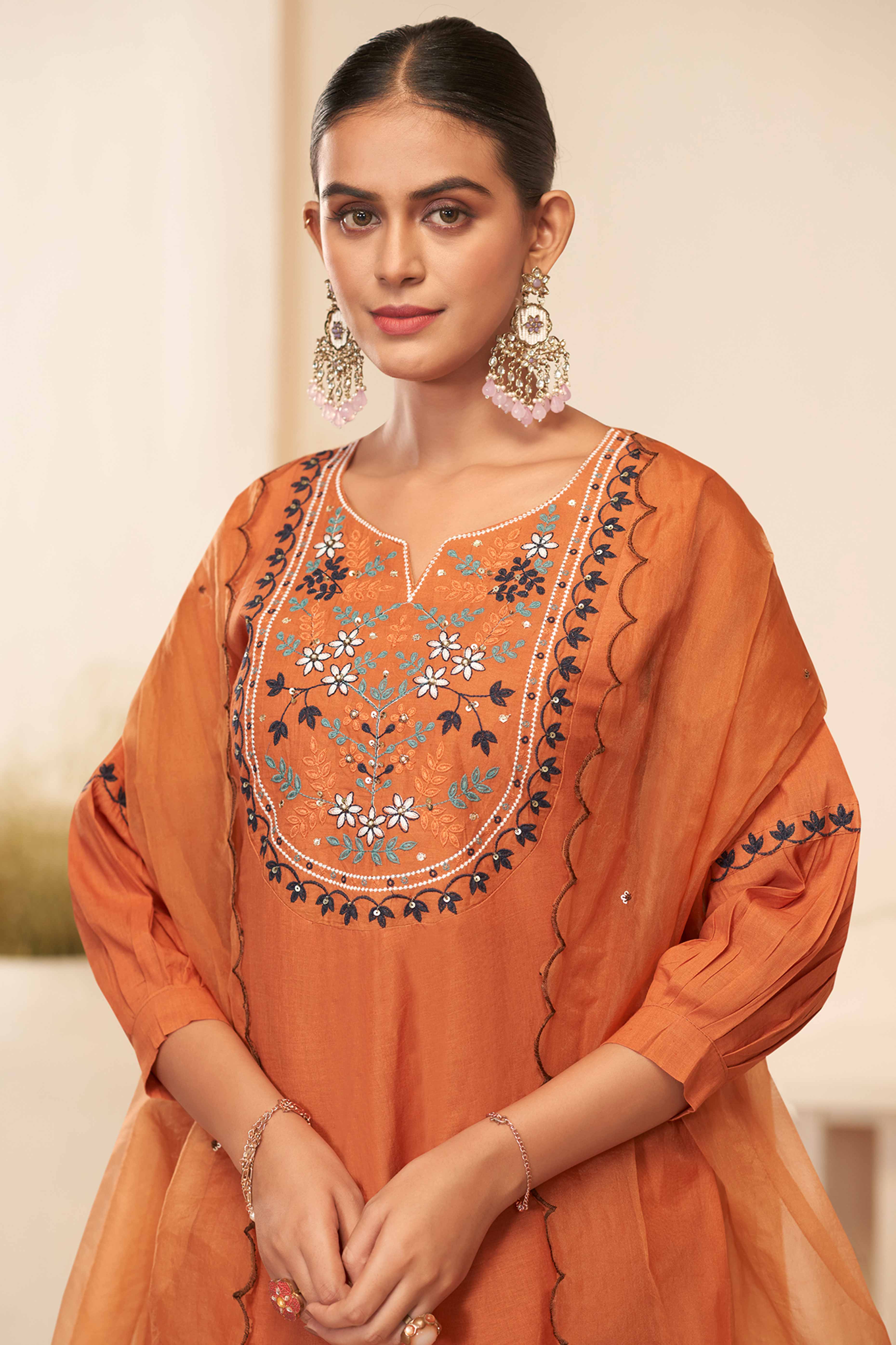 Burnt Orange Cambric Cotton Suit with Delicate Floral Embroidery