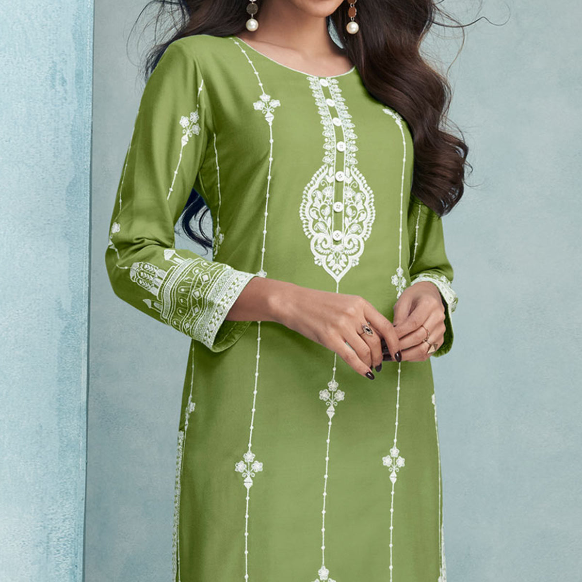 Green Lucknowi Embroidered Rayon Kurti
