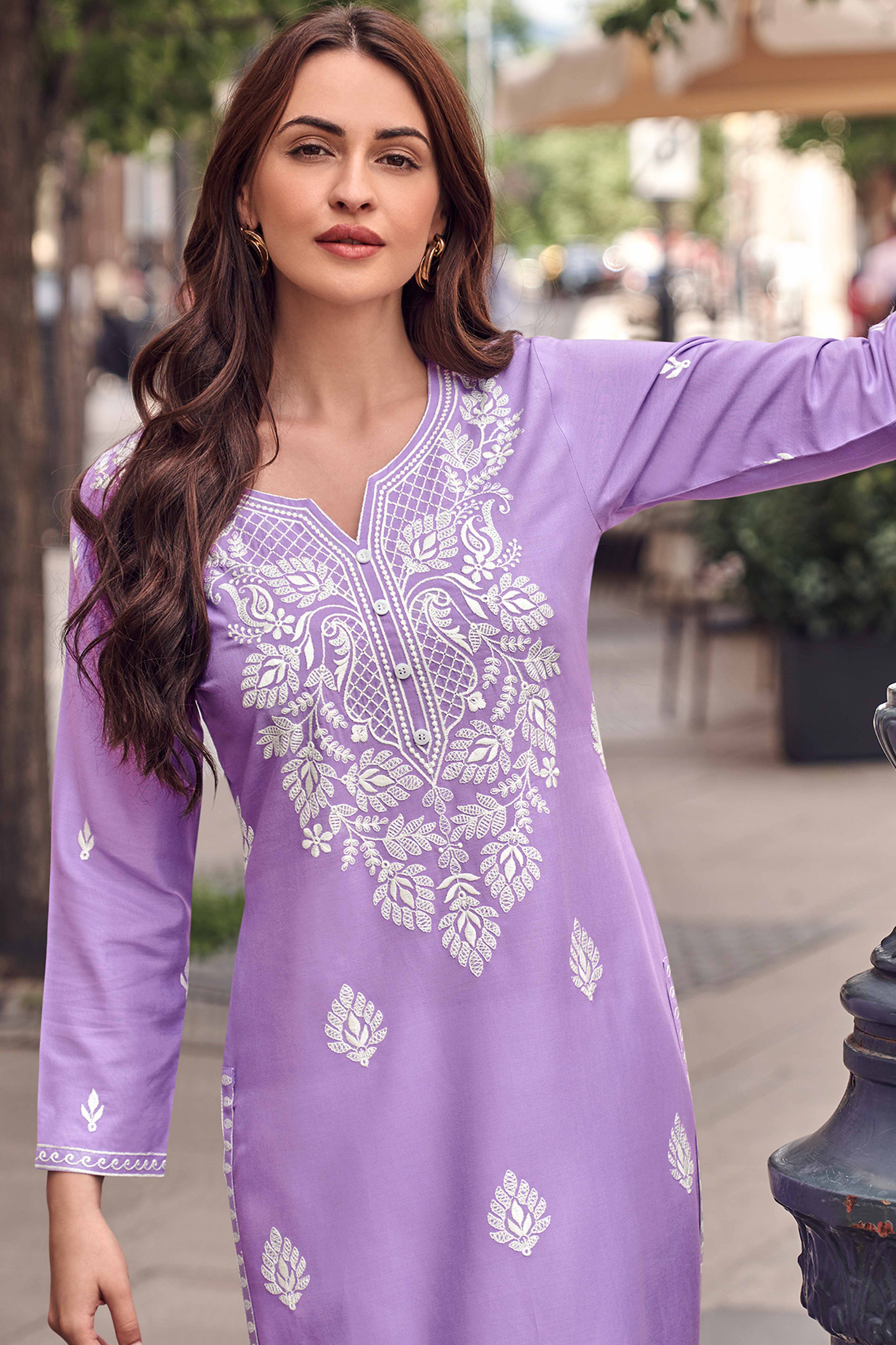 Festive Wear Lavender Kurti in Rayon with Lucknowi Detailing