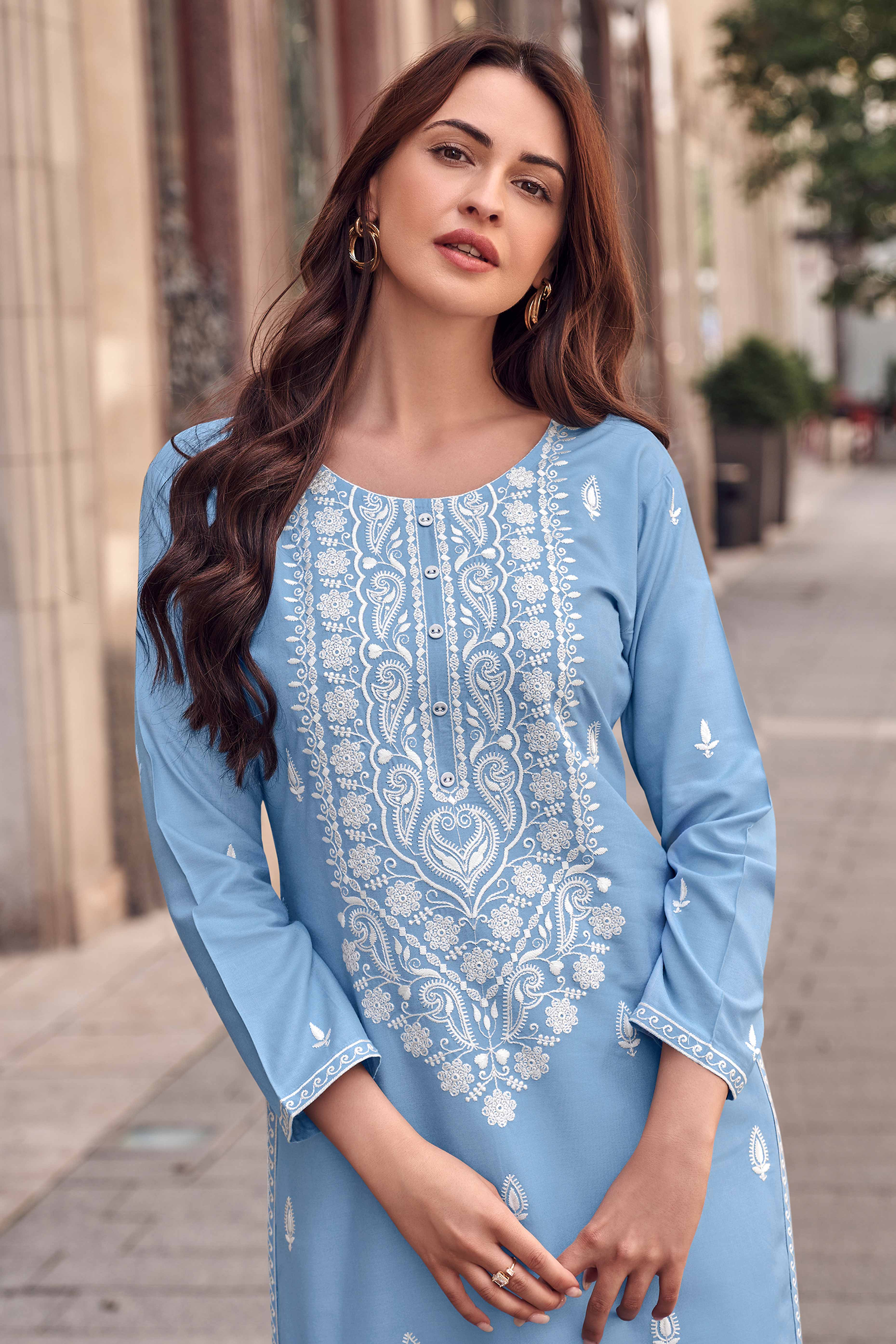Festive Wear Sky Blue Kurti in Rayon with Lucknowi Detailing