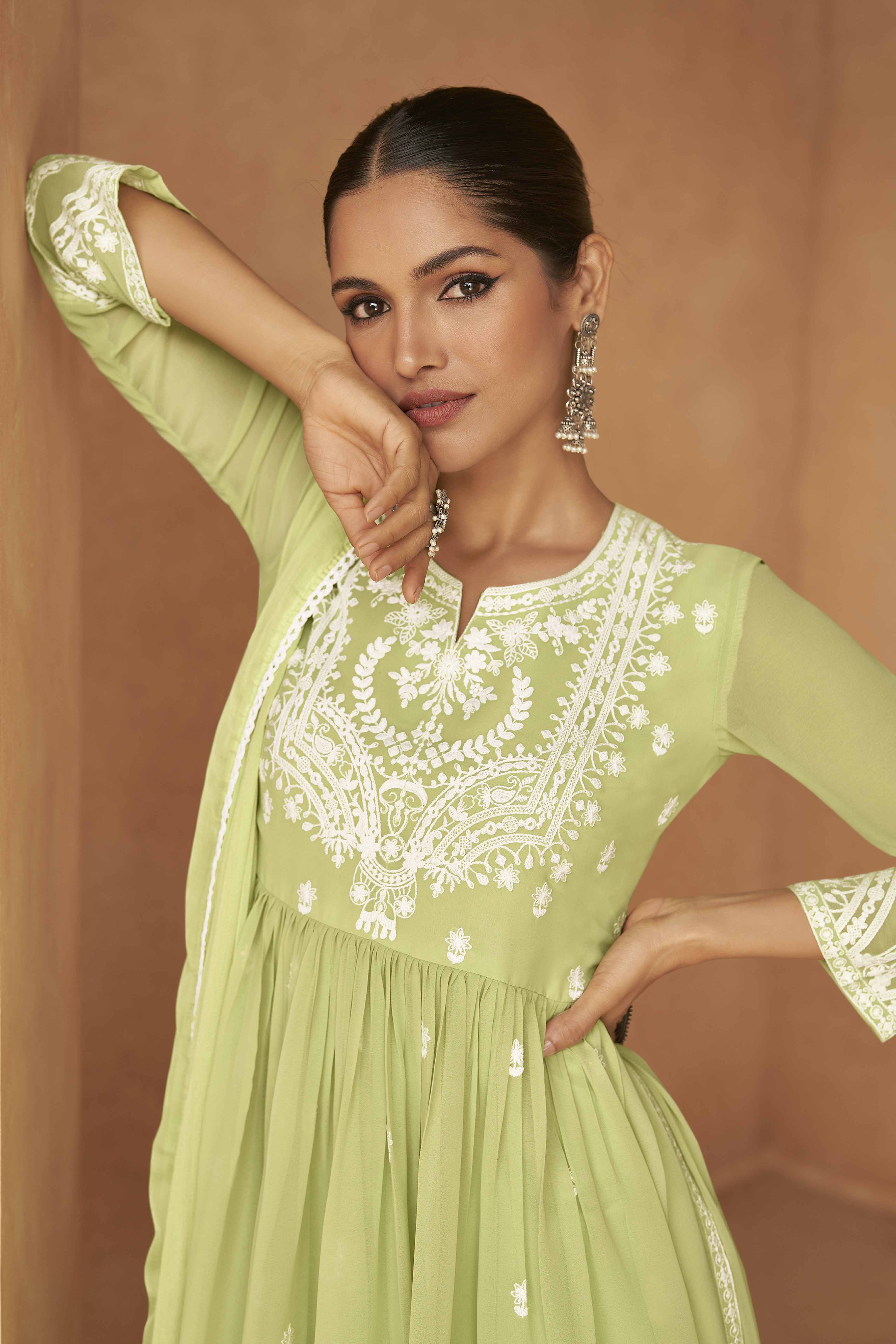 Green Rayon Palazzo Suit with Intricate Lucknowi Work