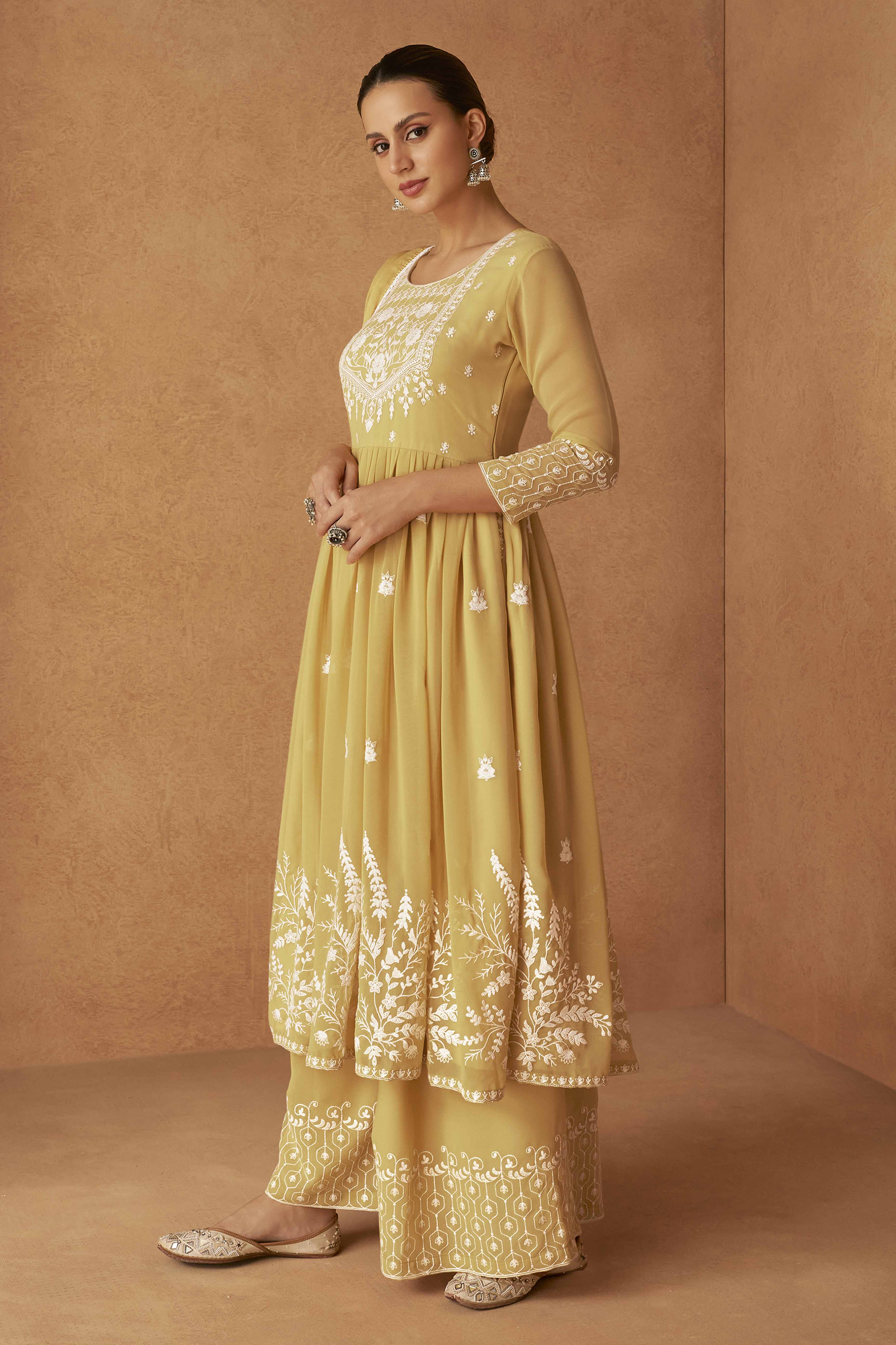 Mustard Rayon Palazzo Suit with Intricate Lucknowi Work