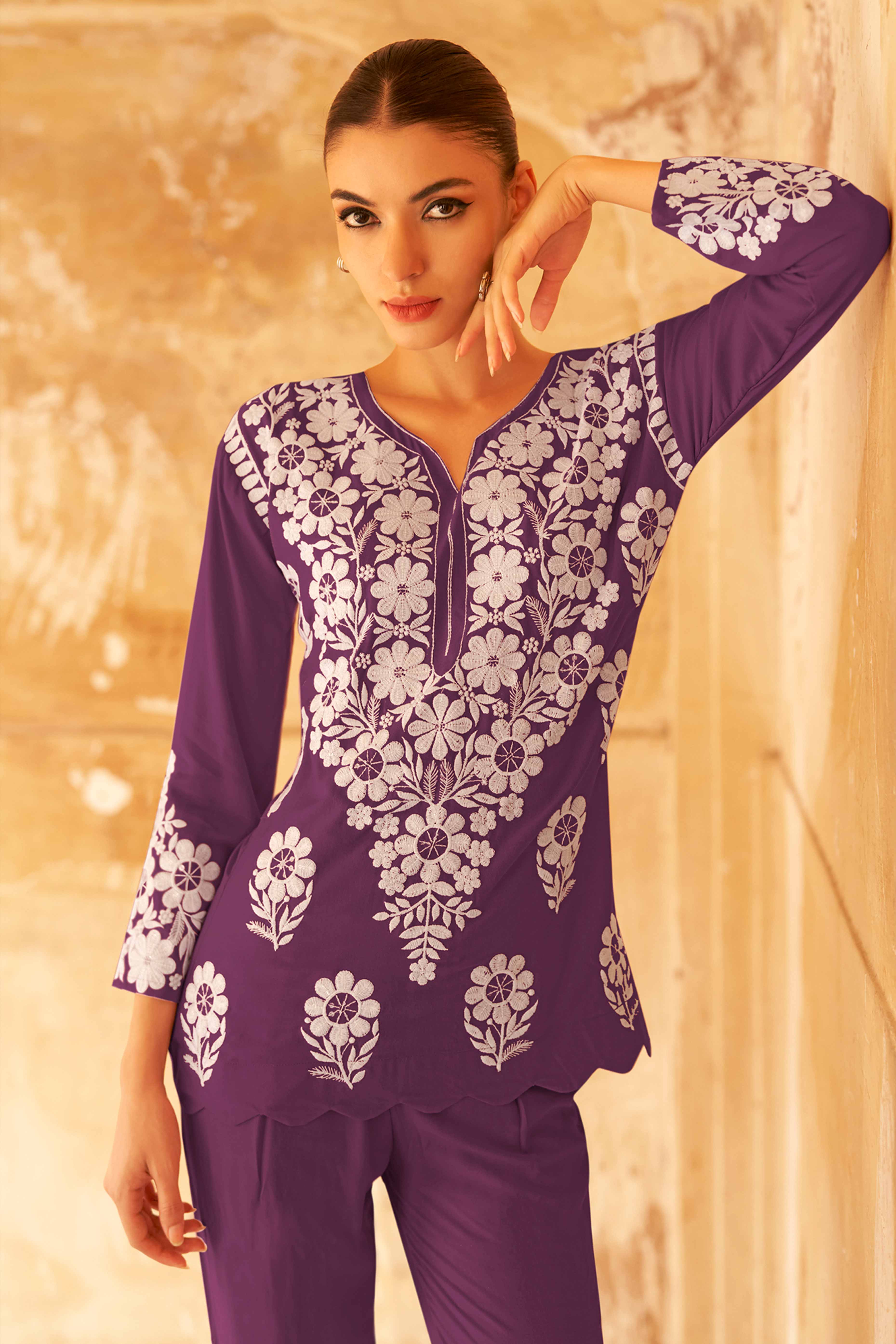 Purple Floral Embroidered Matching Set in Soft Rayon Fabric