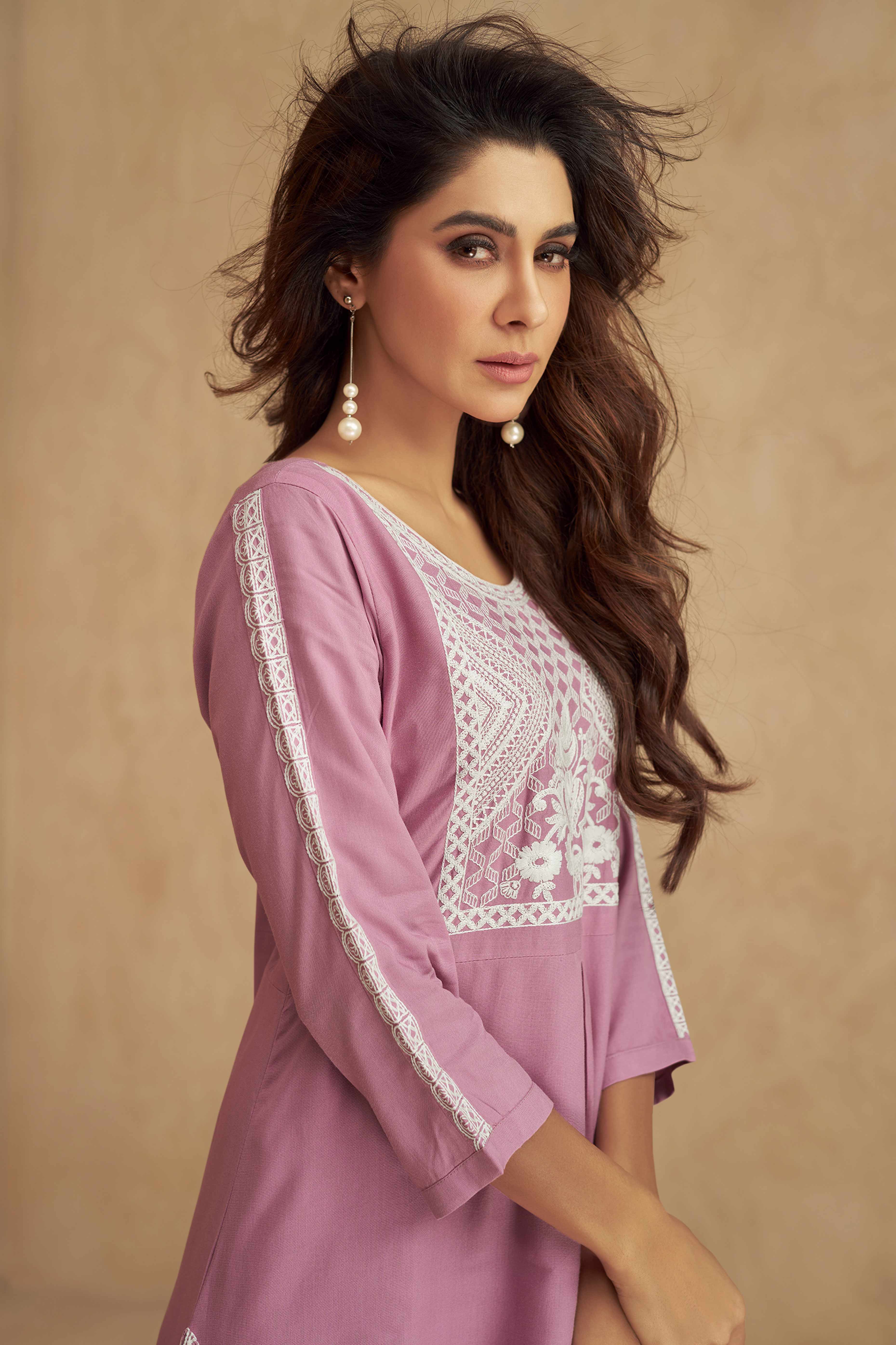 Floral Embroidered Pink Rayon Co-Ord Set for Effortless Style