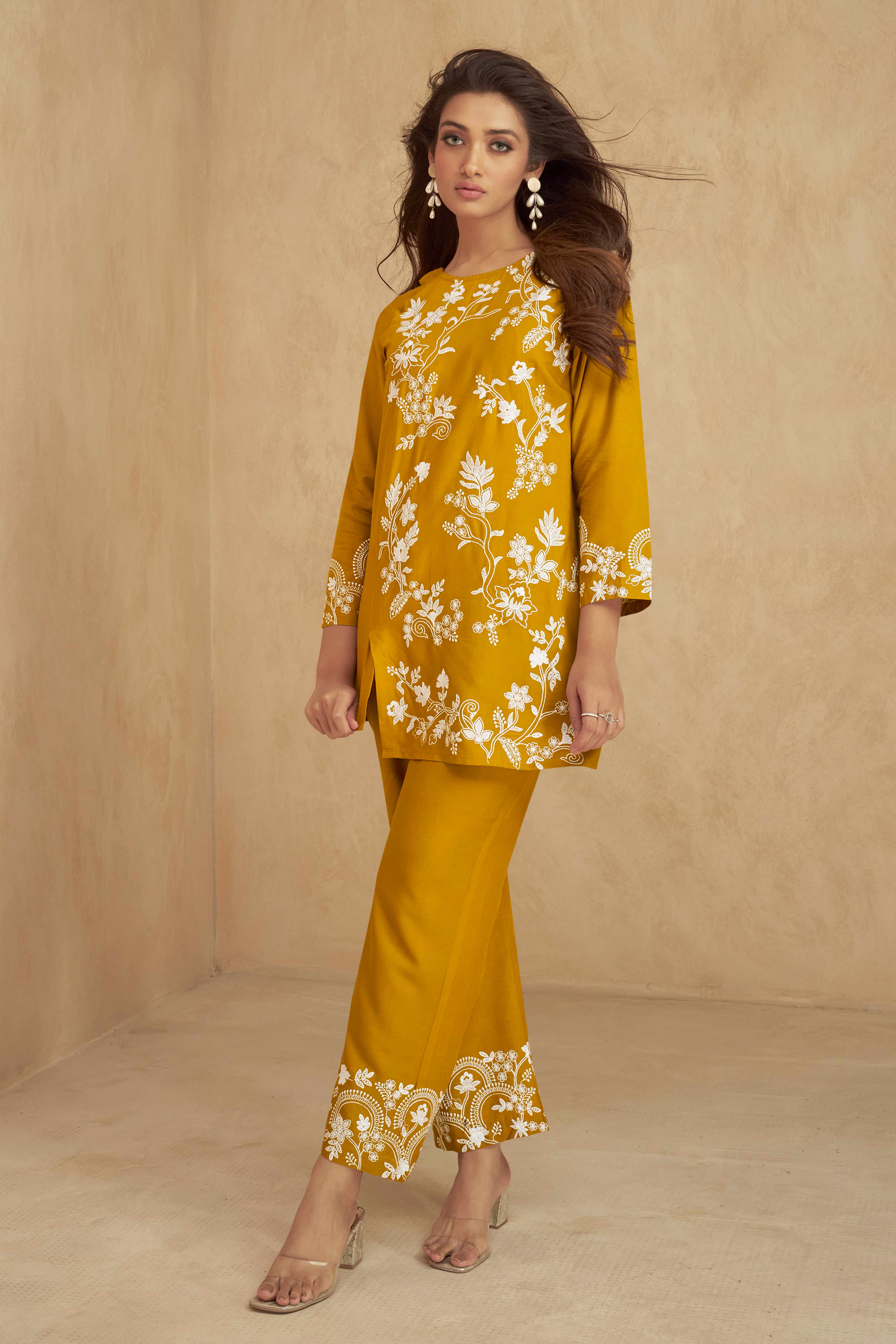 Floral Embroidered Mustard Rayon Co-Ord Set for Effortless Style