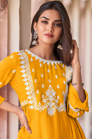 Mustard Rayon Top-Bottom Co-Ord with Delicate Embroidery