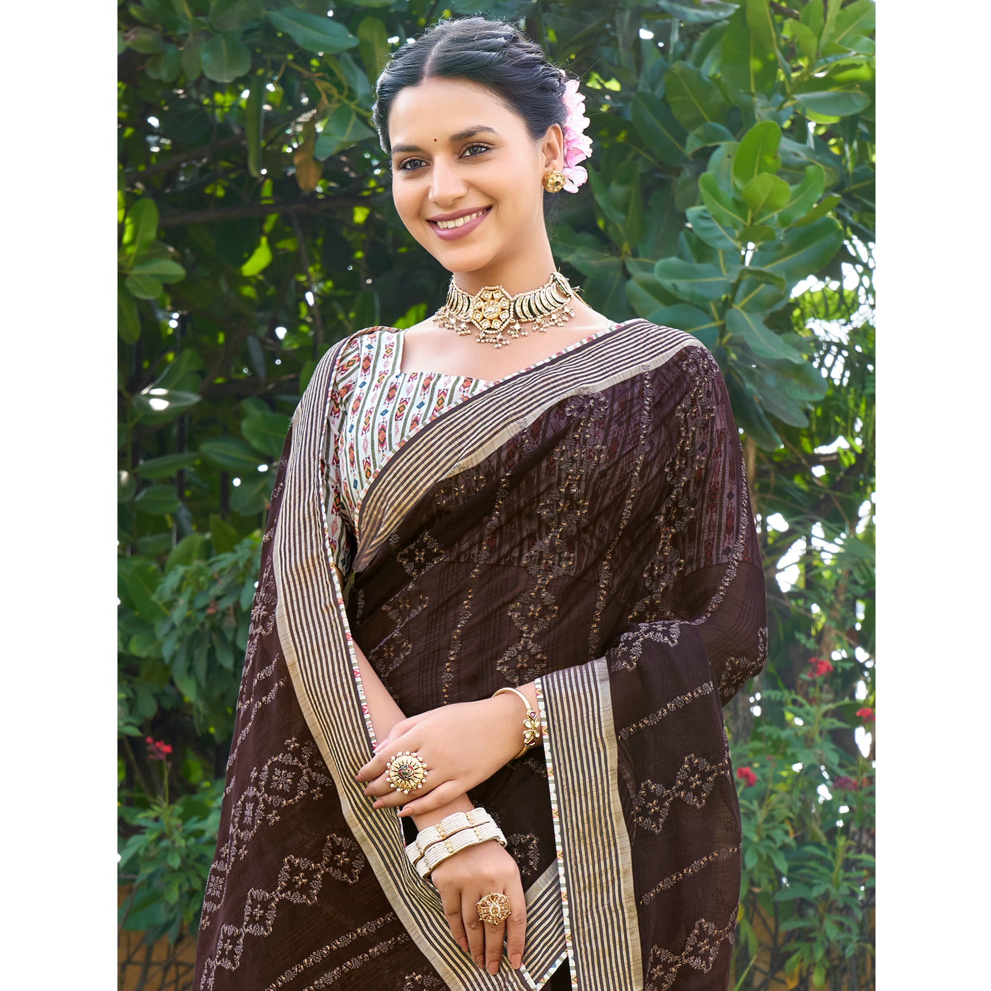 Brown Printed Chiffon Saree