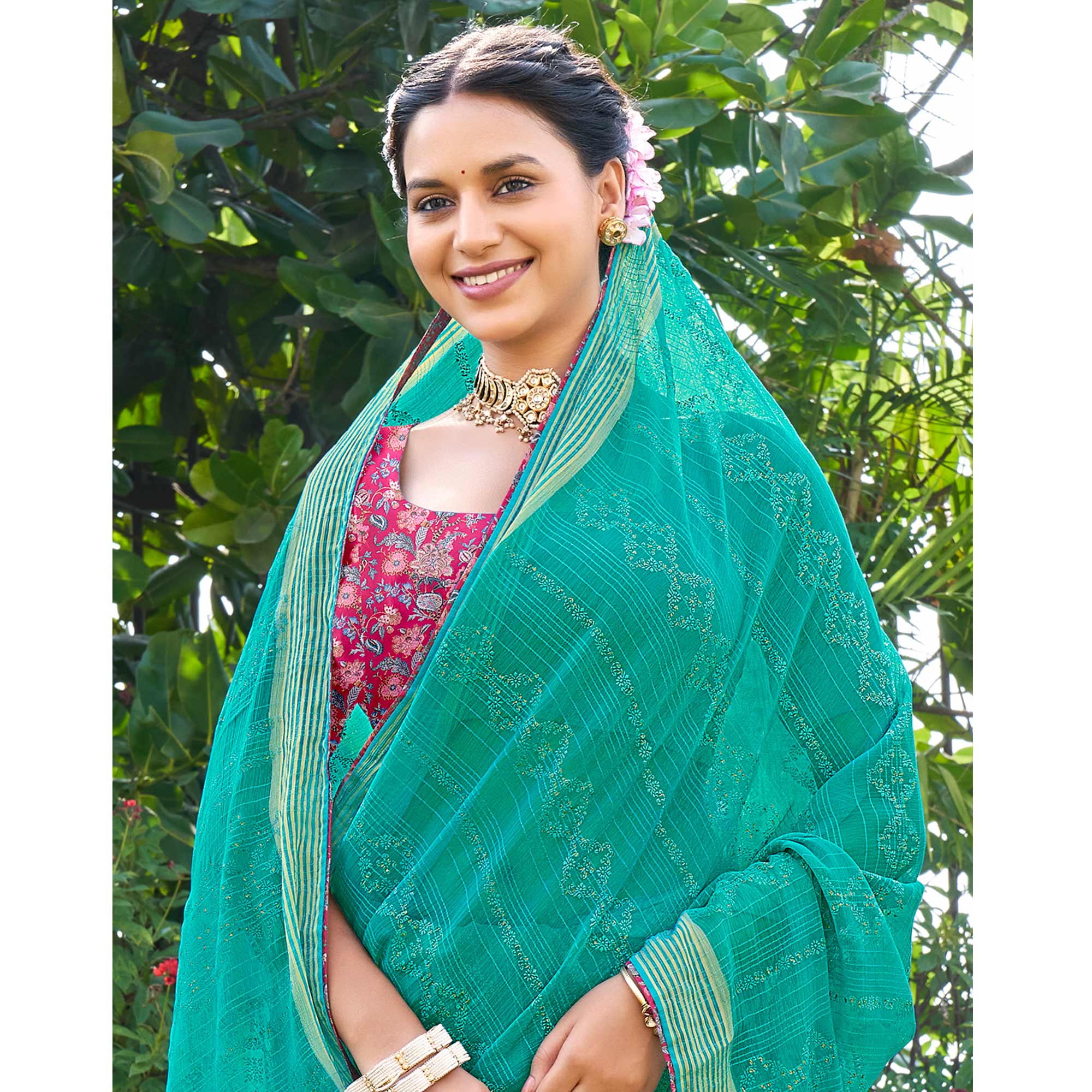 Rama Green Printed Chiffon Saree