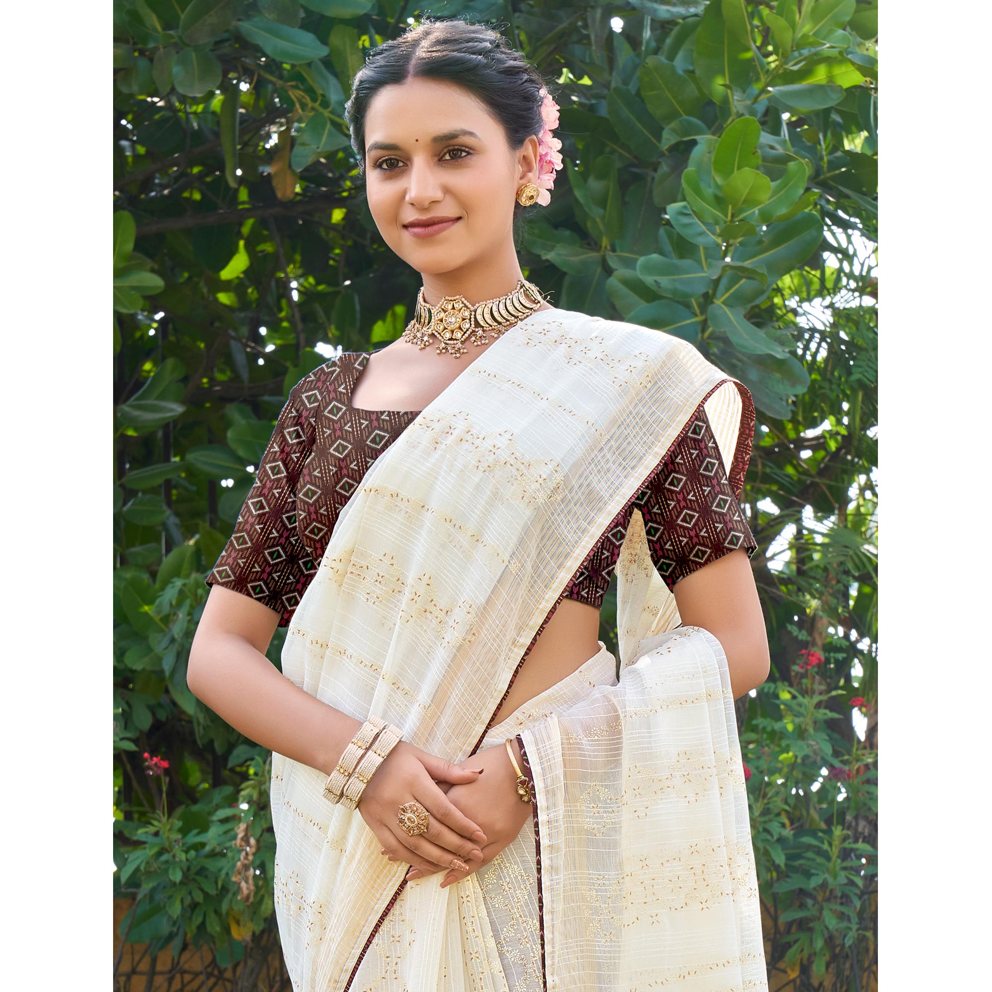 Off White Printed Chiffon Saree