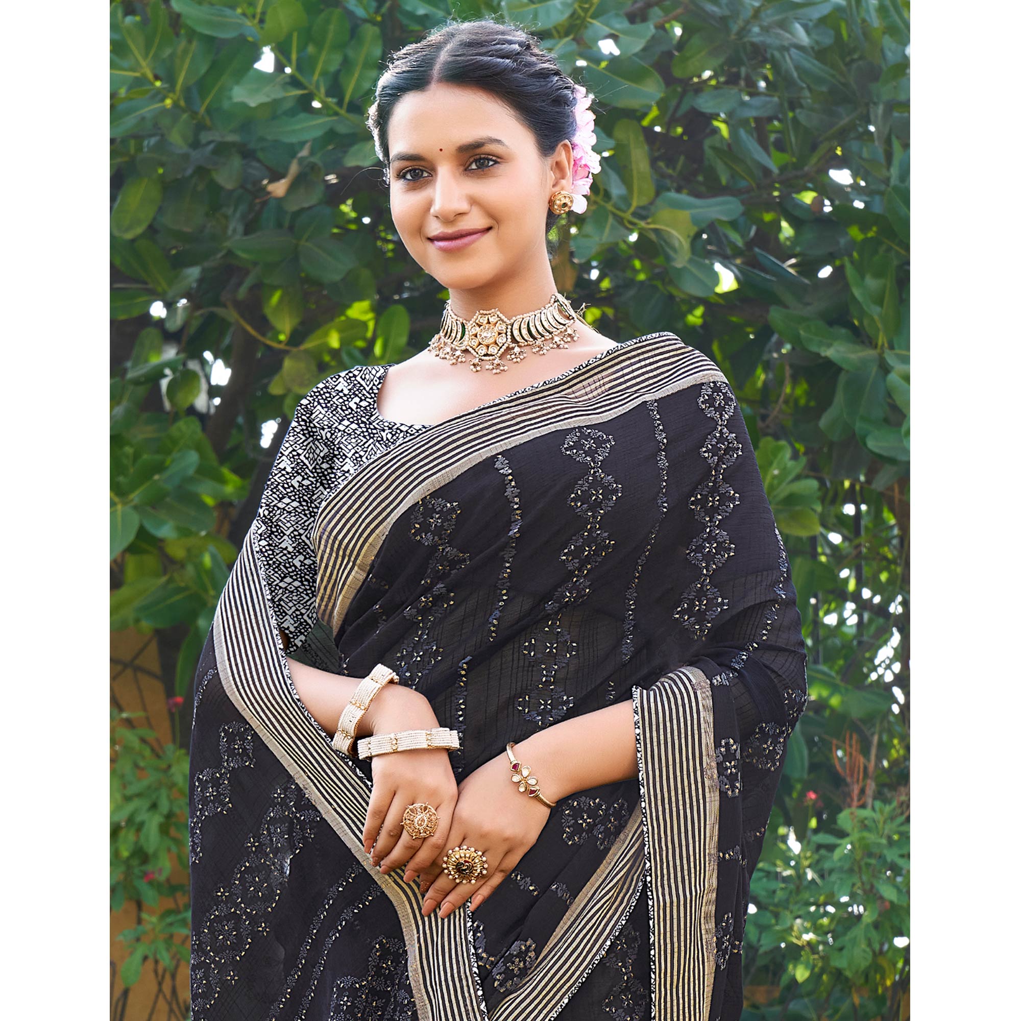 Black Printed Chiffon Saree