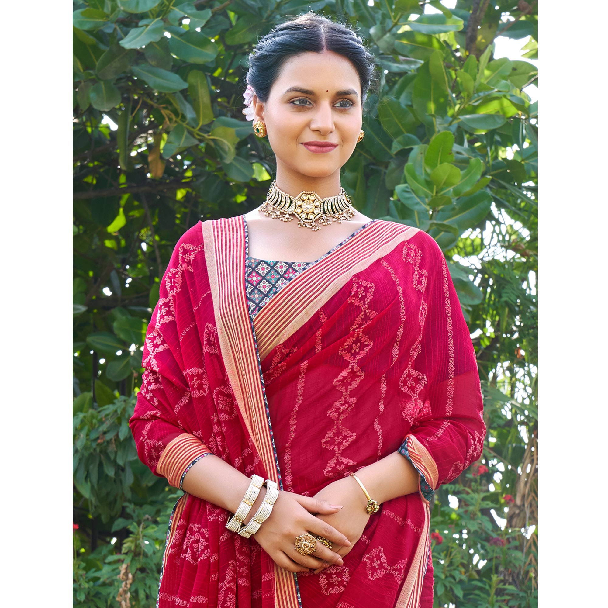 Pink Printed Chiffon Saree