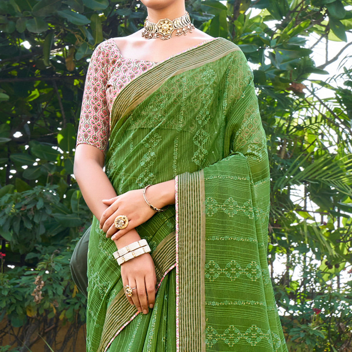 Green Printed Chiffon Saree
