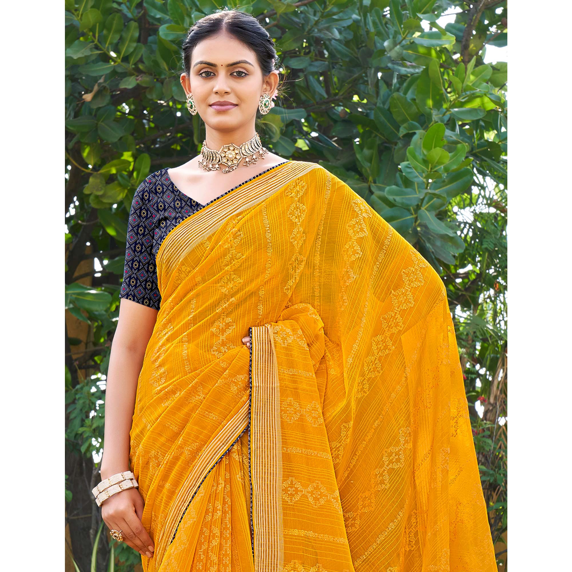 Mustard Printed Chiffon Saree