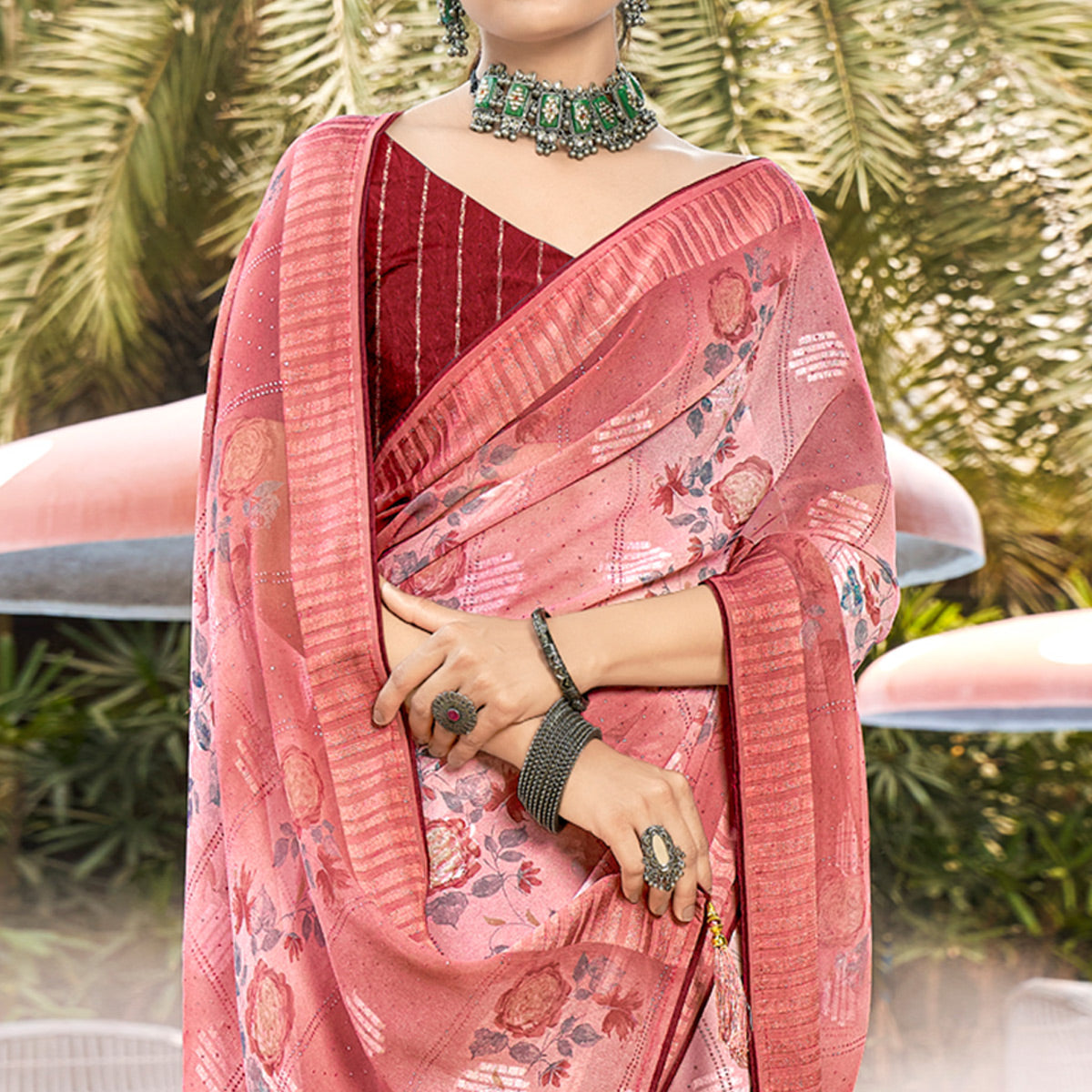 Red Printed Georgette Saree With Swarovski Work
