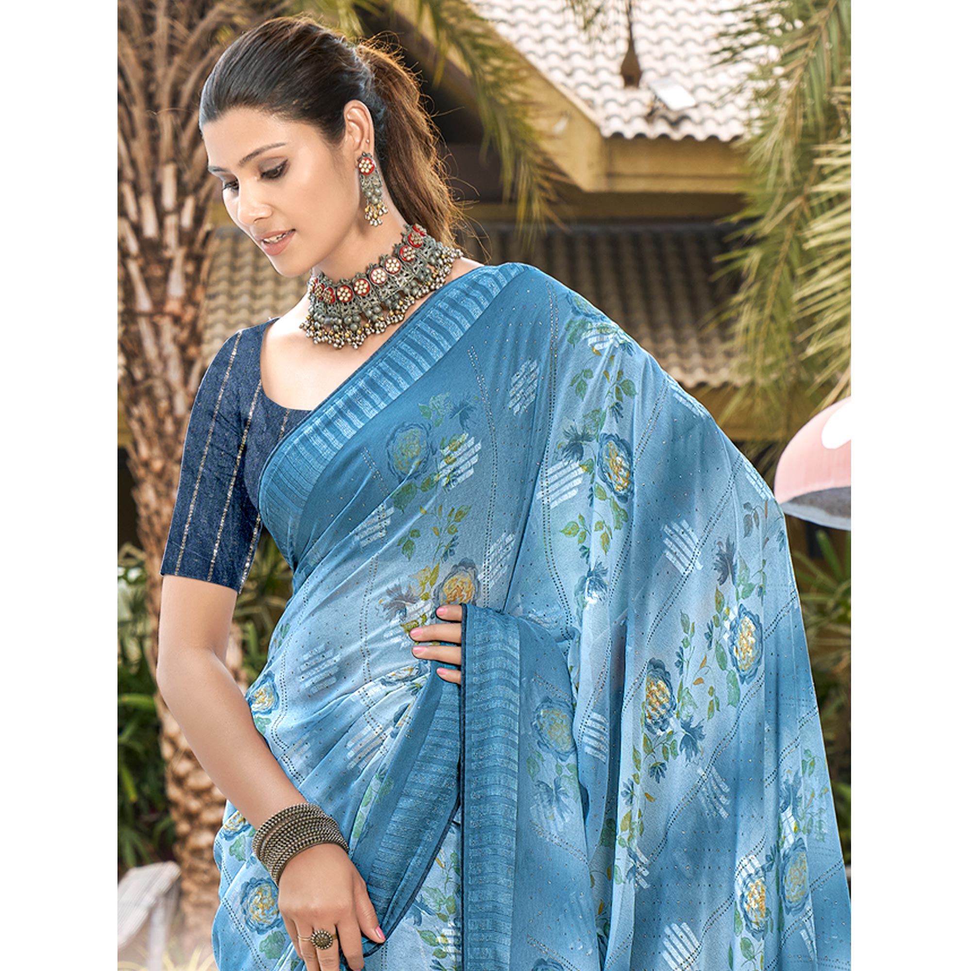 Blue Printed Georgette Saree With Swarovski Work