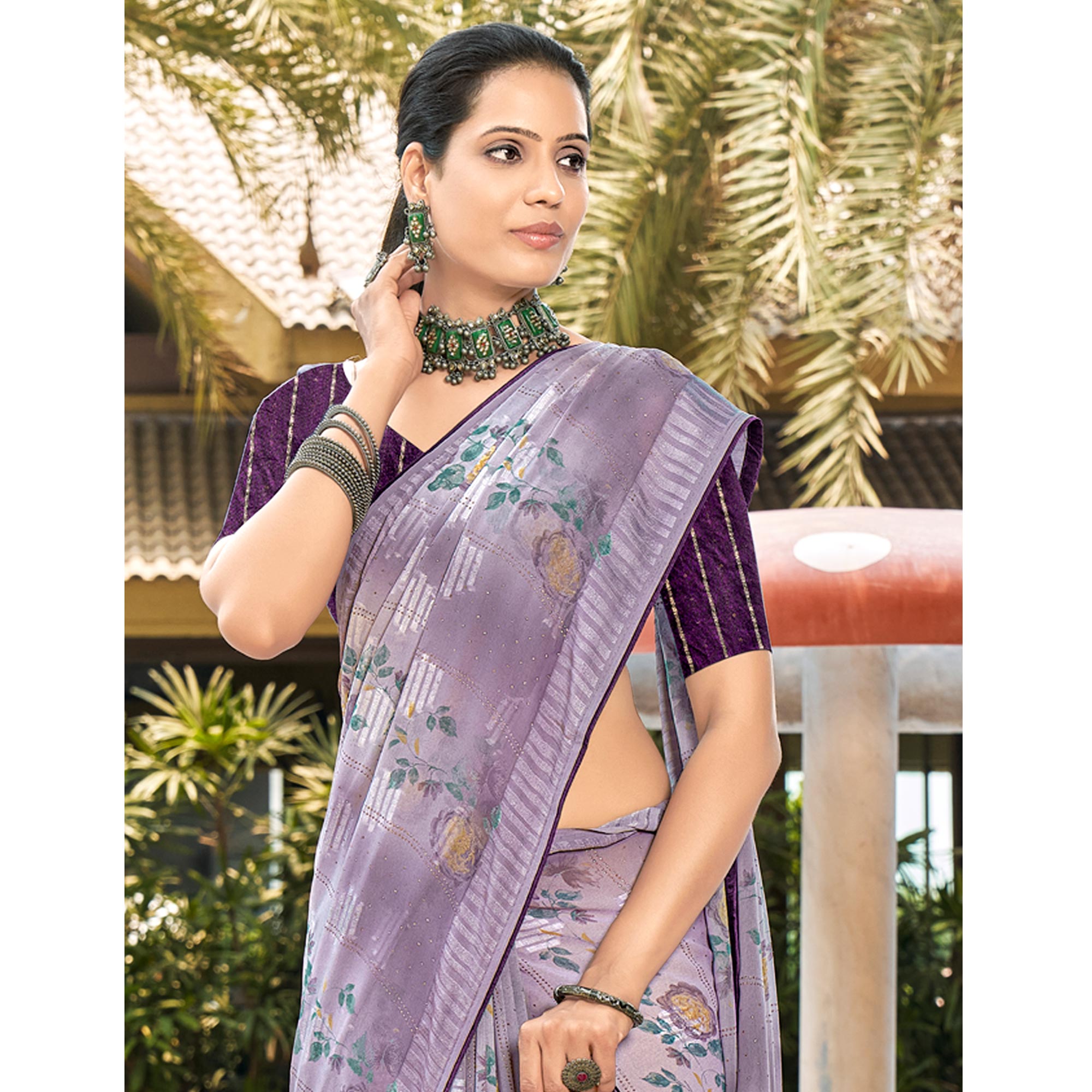 Dusty Violet Printed Georgette Saree With Swarovski Work
