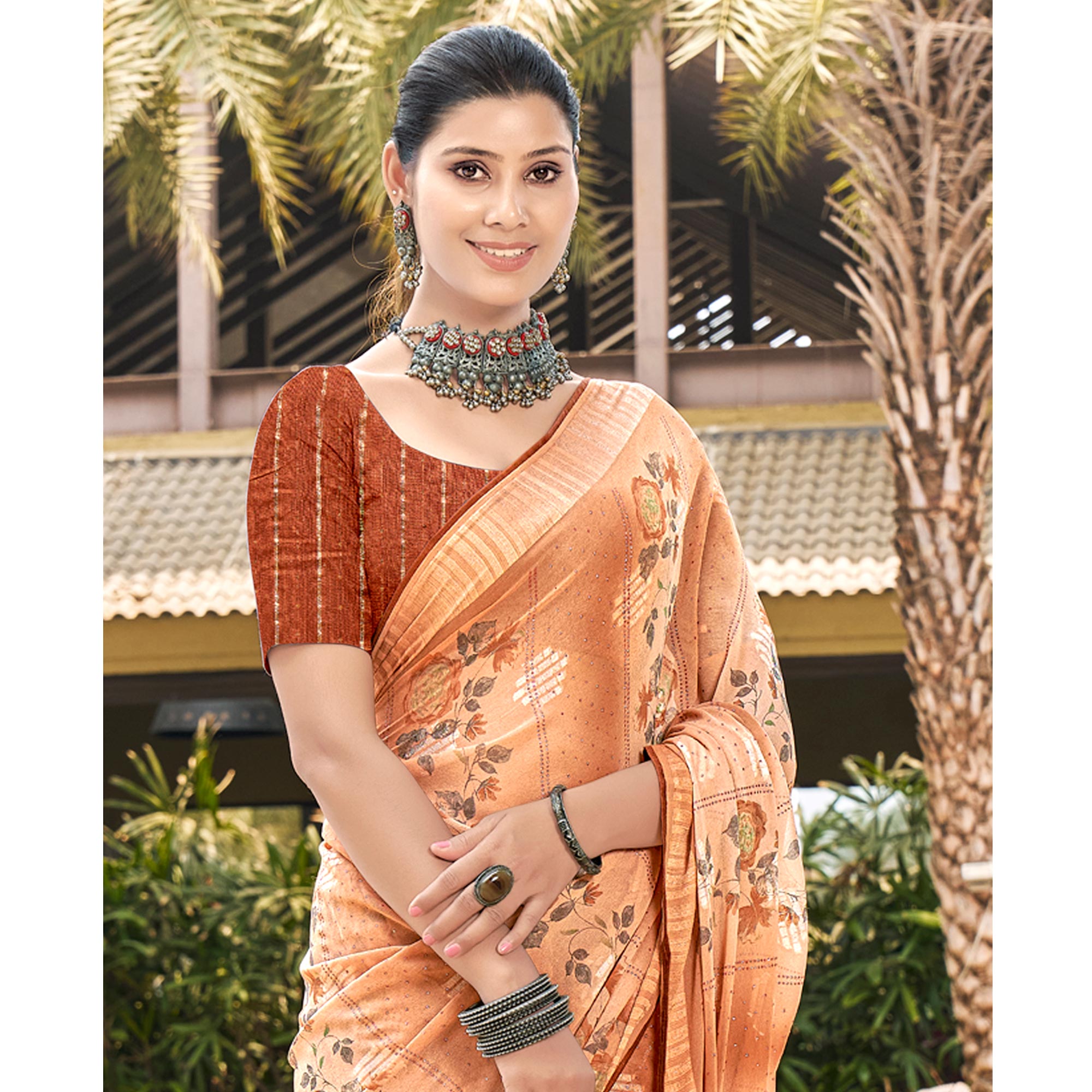 Rust Printed Georgette Saree With Swarovski Work