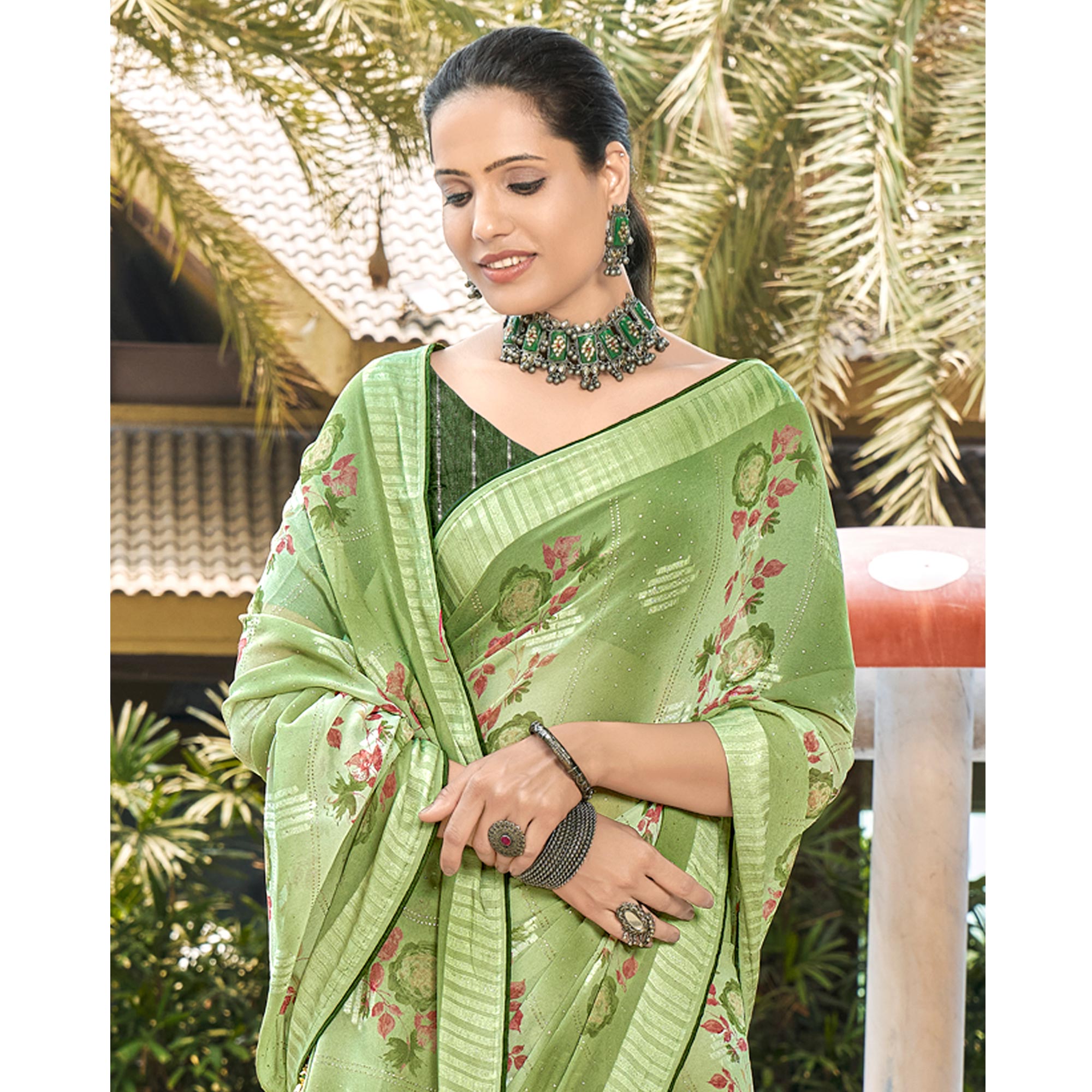 Green Printed Georgette Saree With Swarovski Work