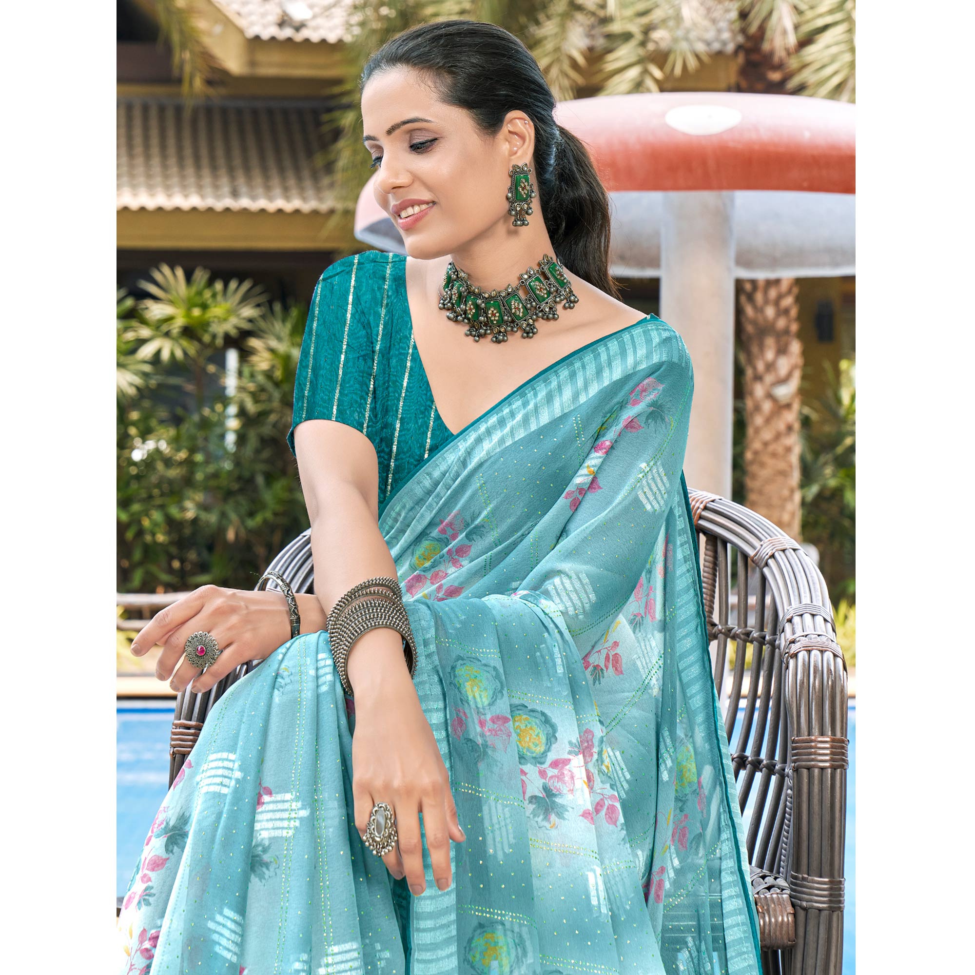 Rama Blue Printed Georgette Saree With Swarovski Work