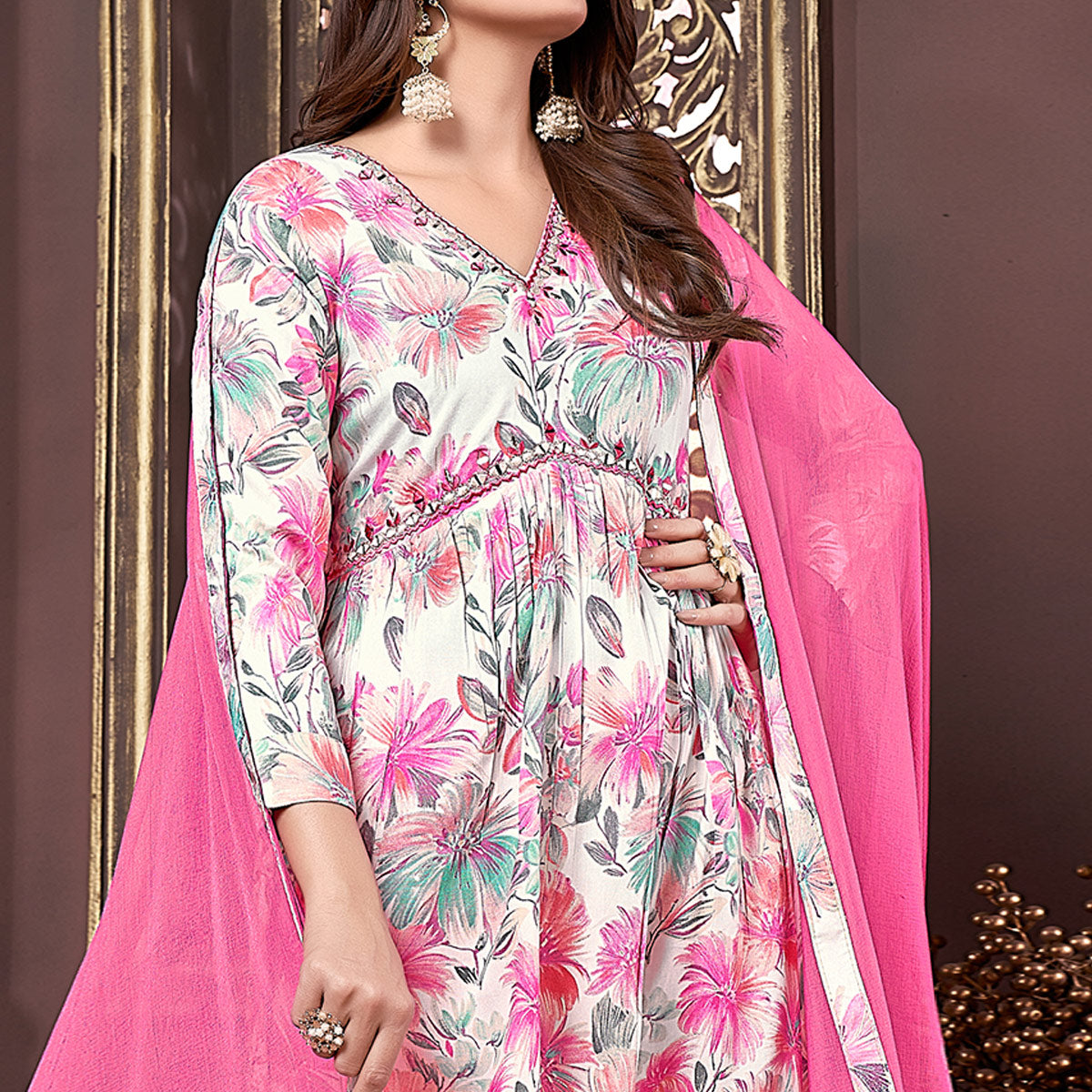 Off White & Pink Floral Printed Rayon Alia Cut Salwar Suit
