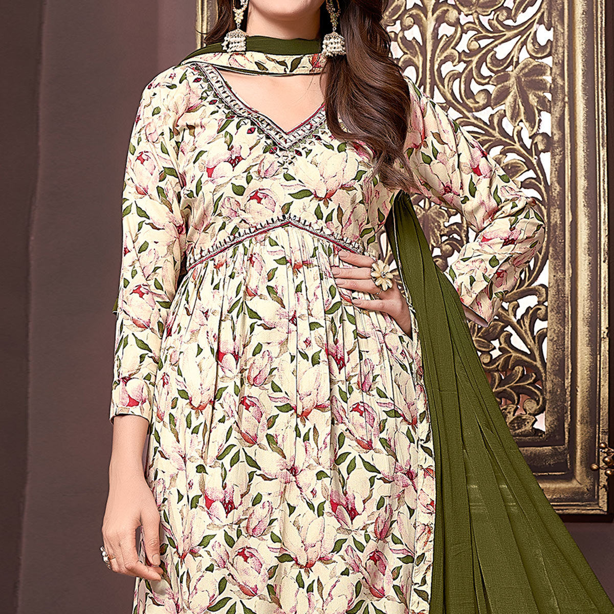 Beige & Green Floral Printed Rayon Alia Cut Salwar Suit