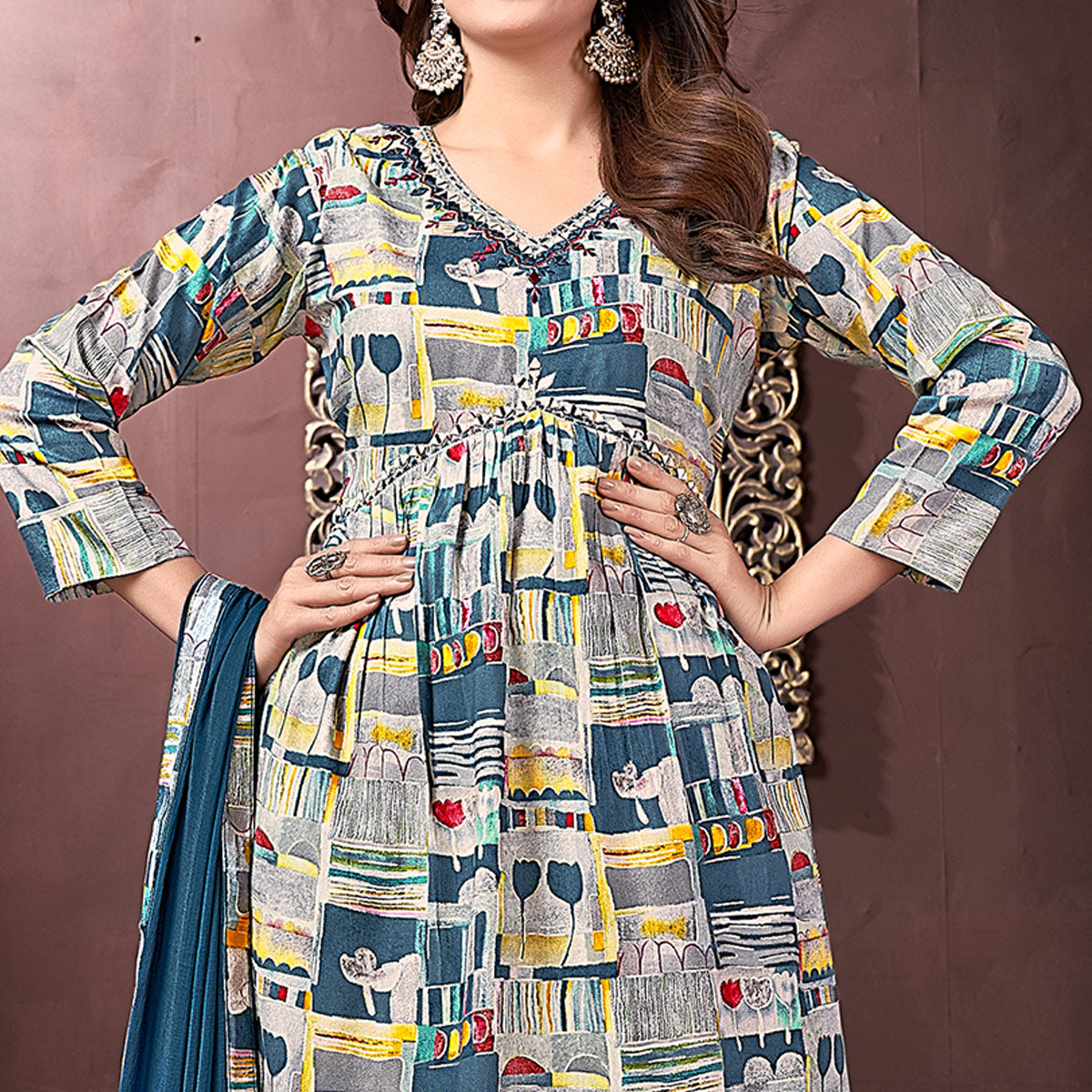 Grey & Teal Floral Printed Rayon Alia Cut Salwar Suit