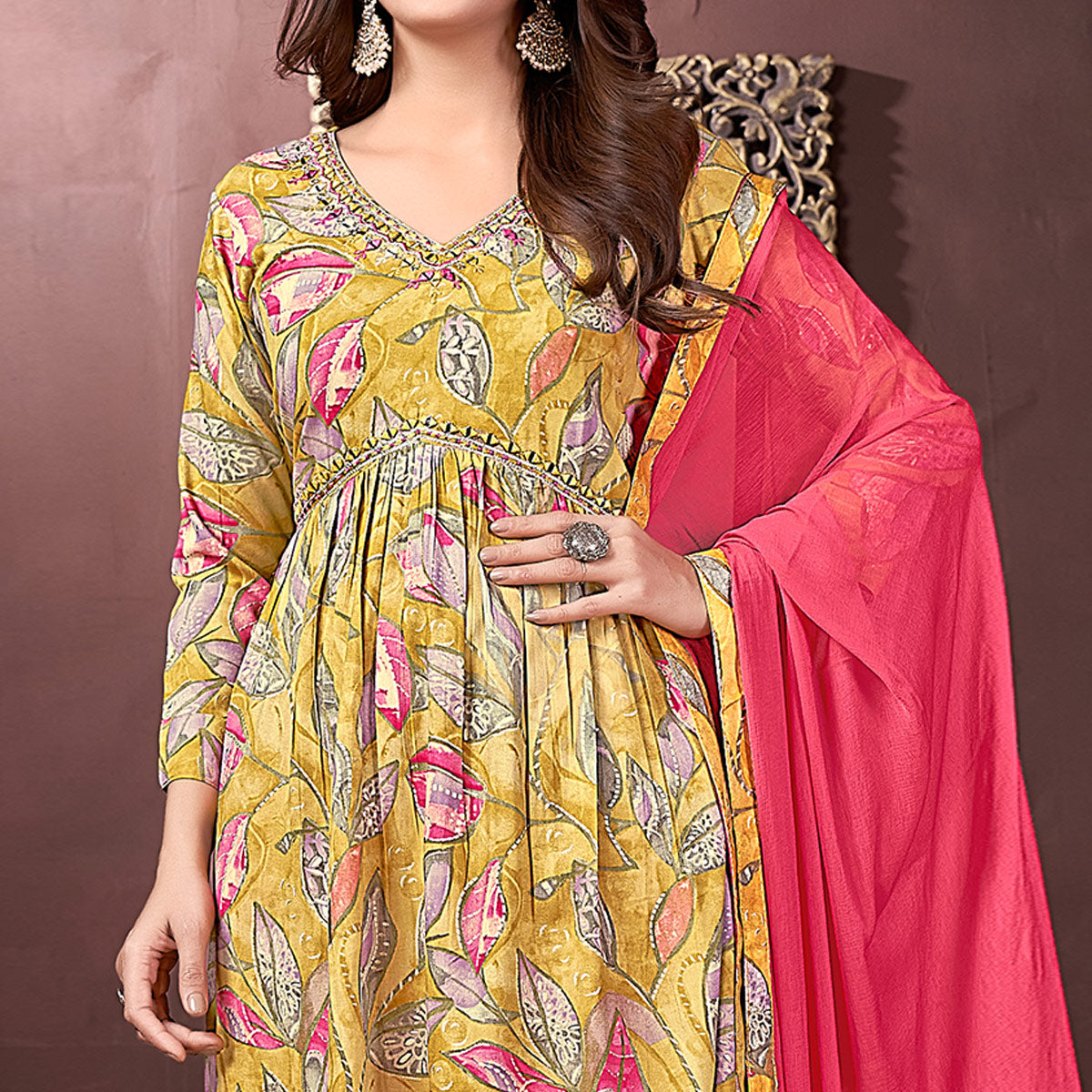 Mustard Floral Printed Rayon Alia Cut Salwar Suit