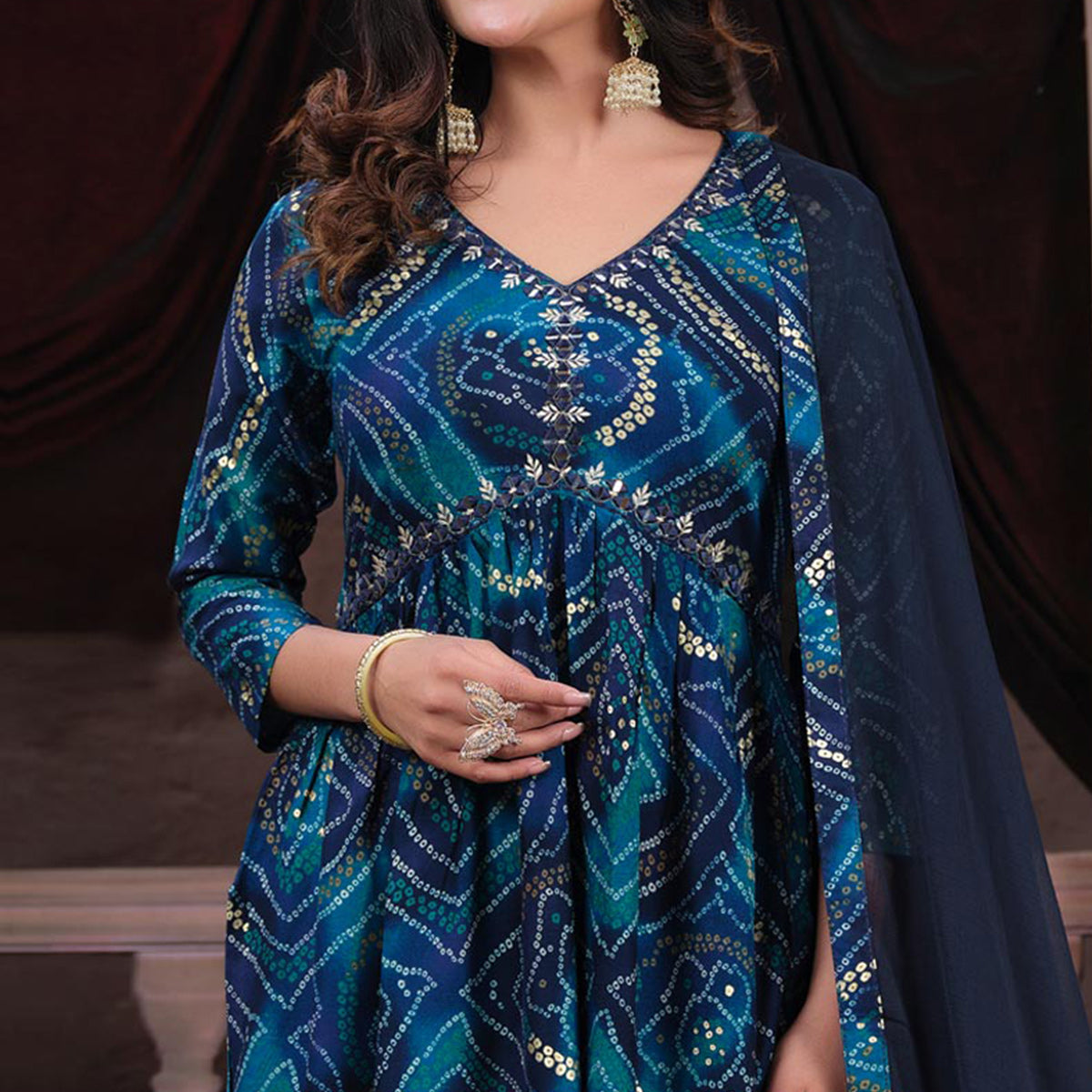 Blue Floral Printed Rayon Alia Cut Salwar Suit