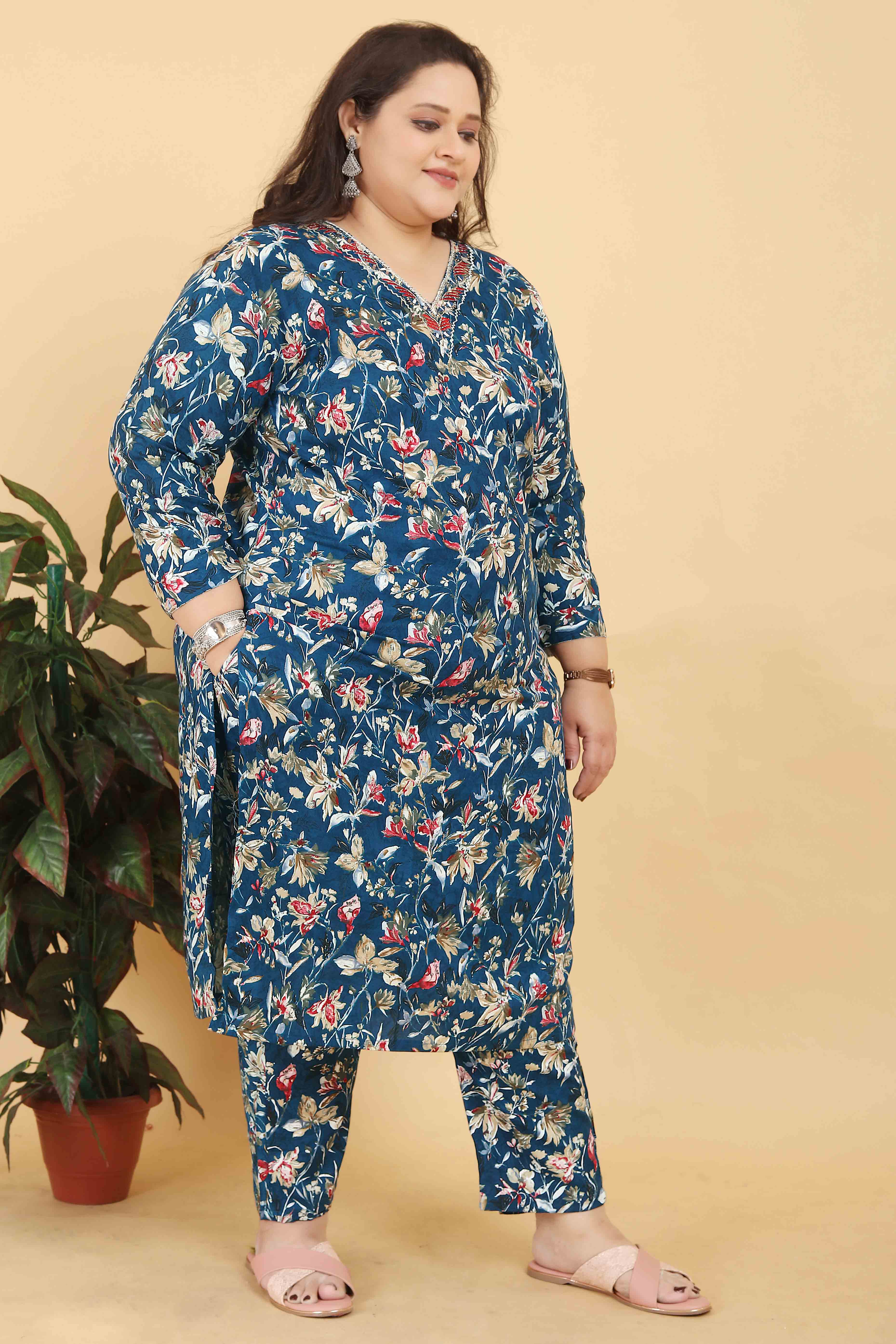 Blue Floral Foil Printed With Mirror Handwork Rayon Salwar Suit