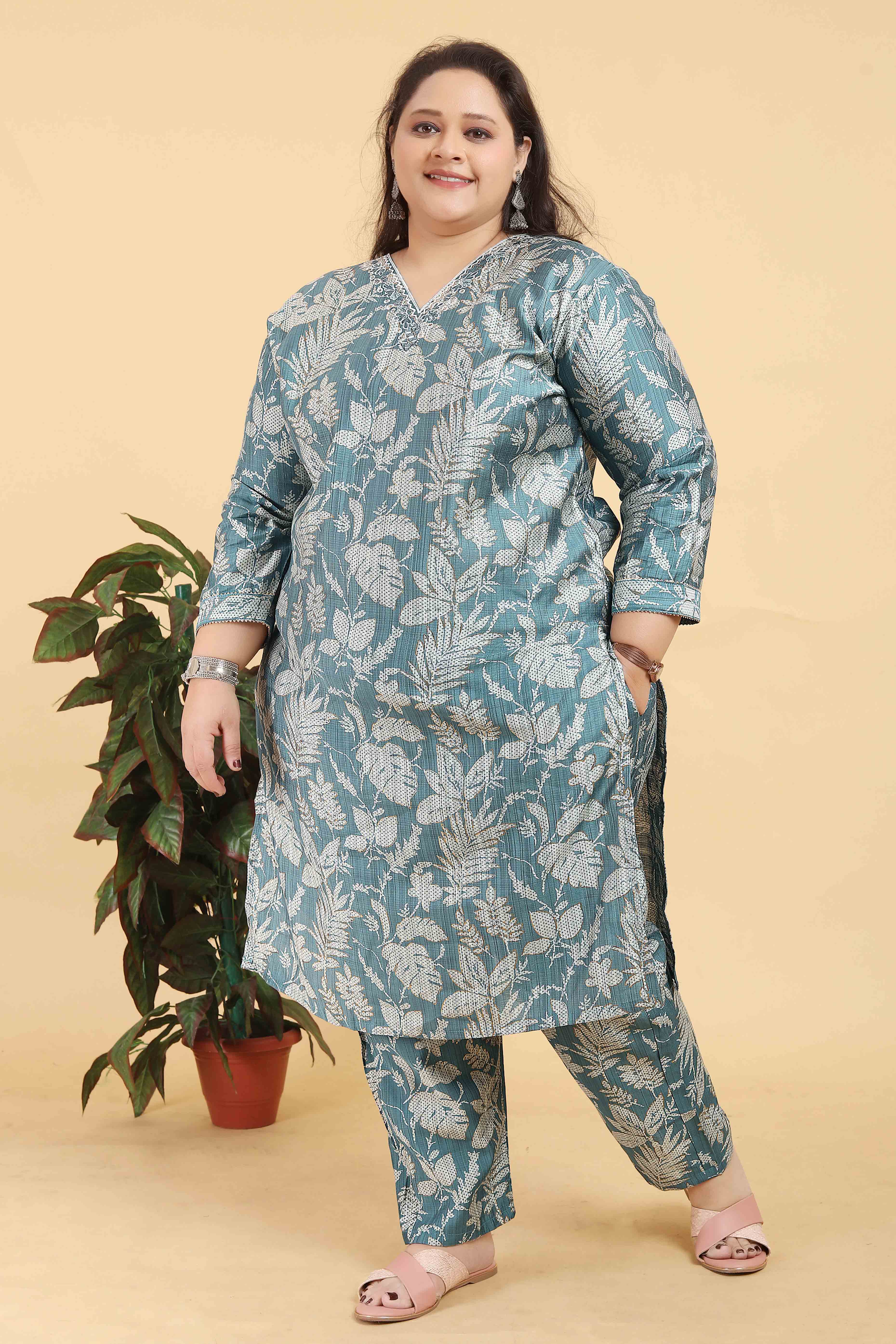 Sage Blue Floral Foil Printed With Mirror Handwork Viscose Salwar Suit