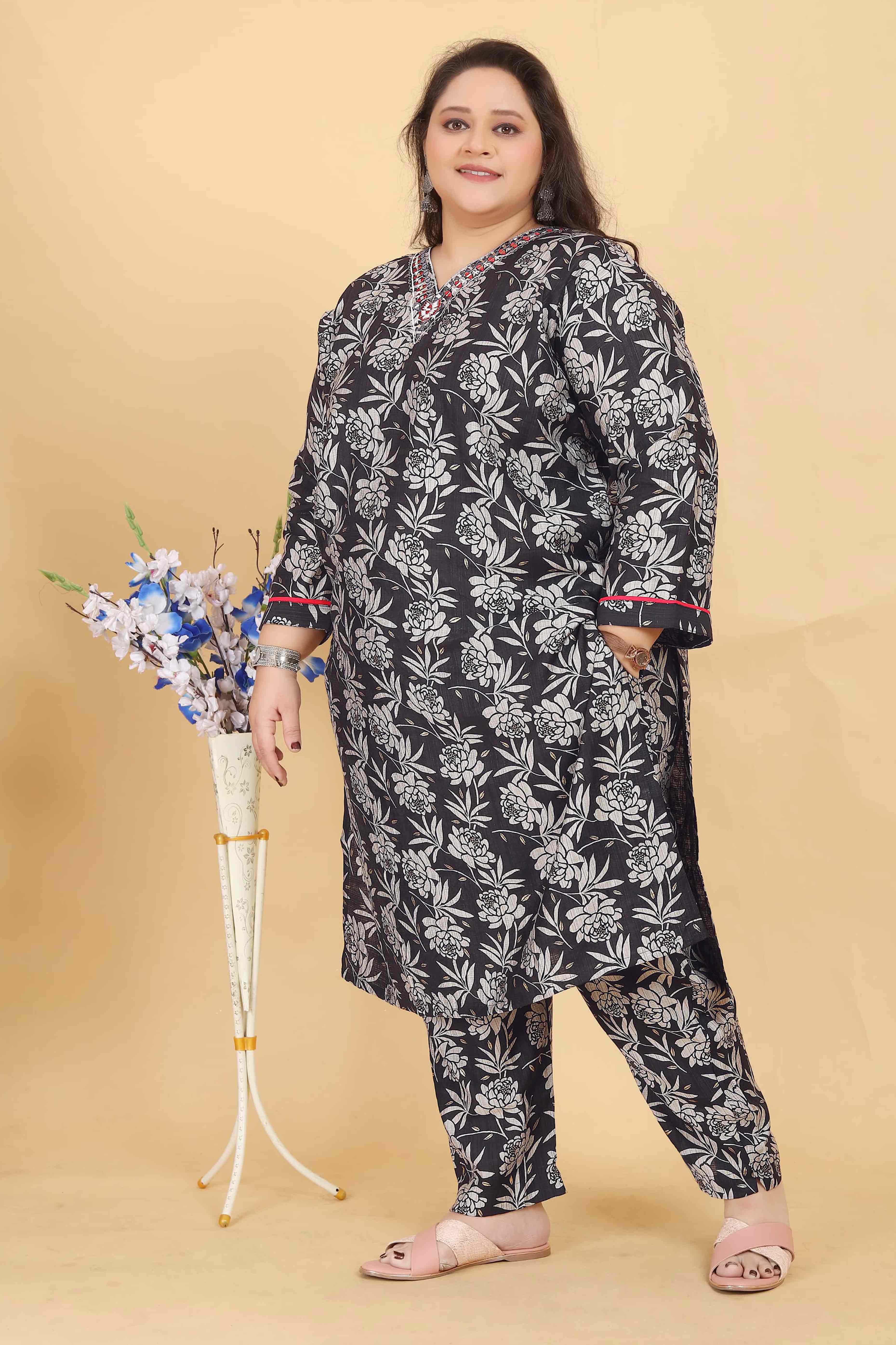 Black Floral Printed Viscose Straight Salwar Suit