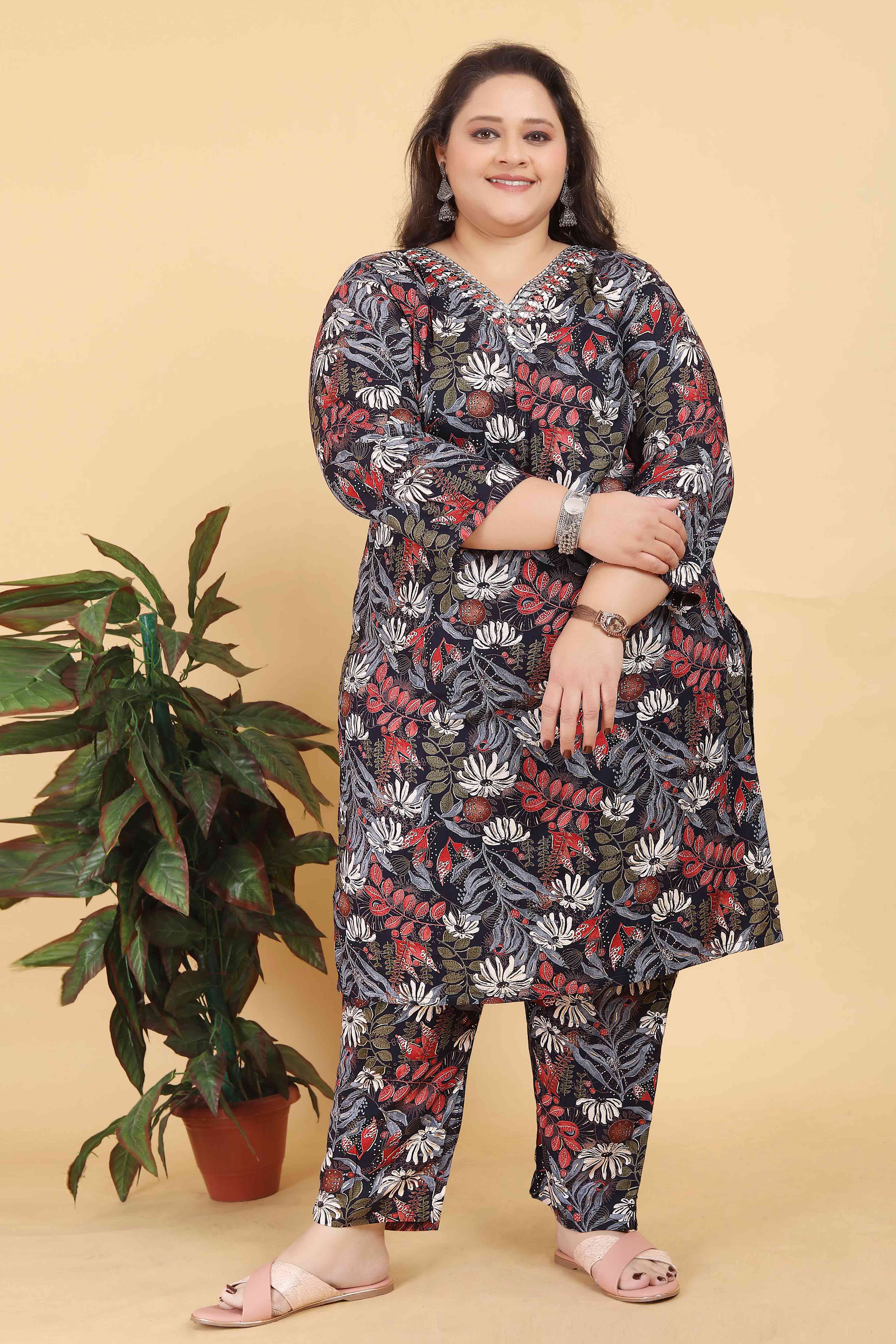 Black Rayon Straight Salwar Suit Set with Delicate Floral Prints & Side Pockets